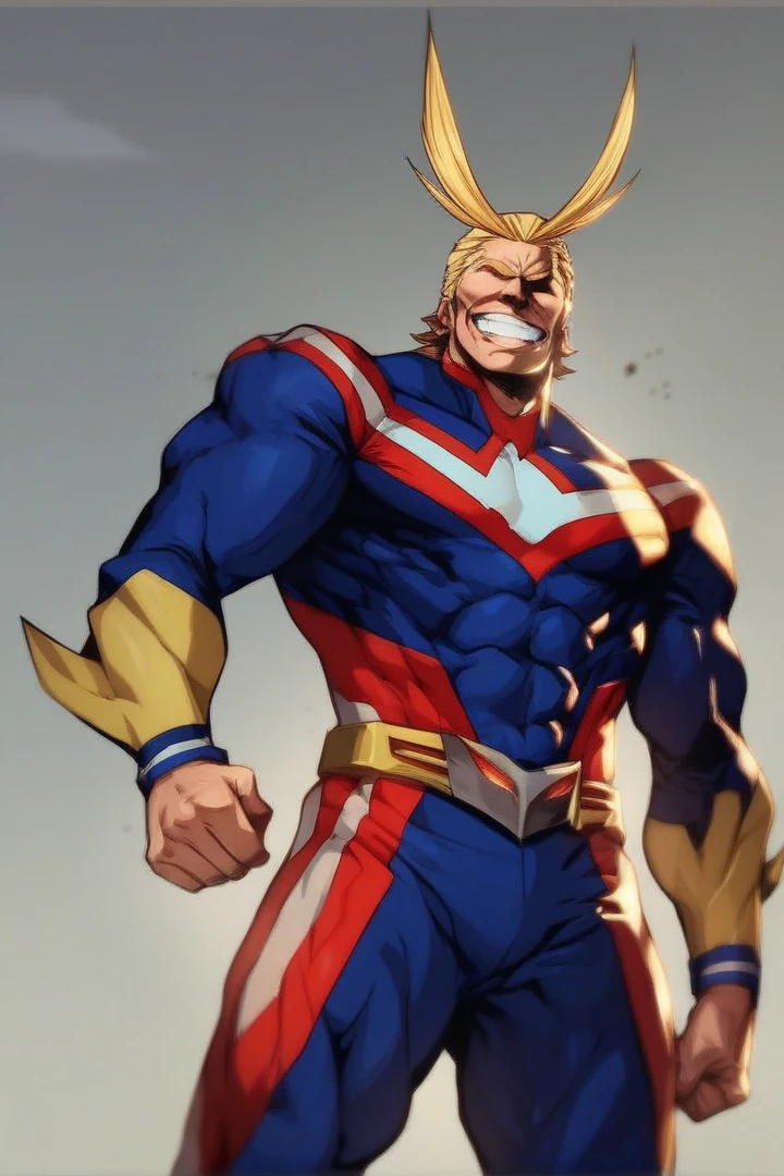 allmight, smile, antenna hair, (erection under clothes:1.2), wearing micro thong bikini,
