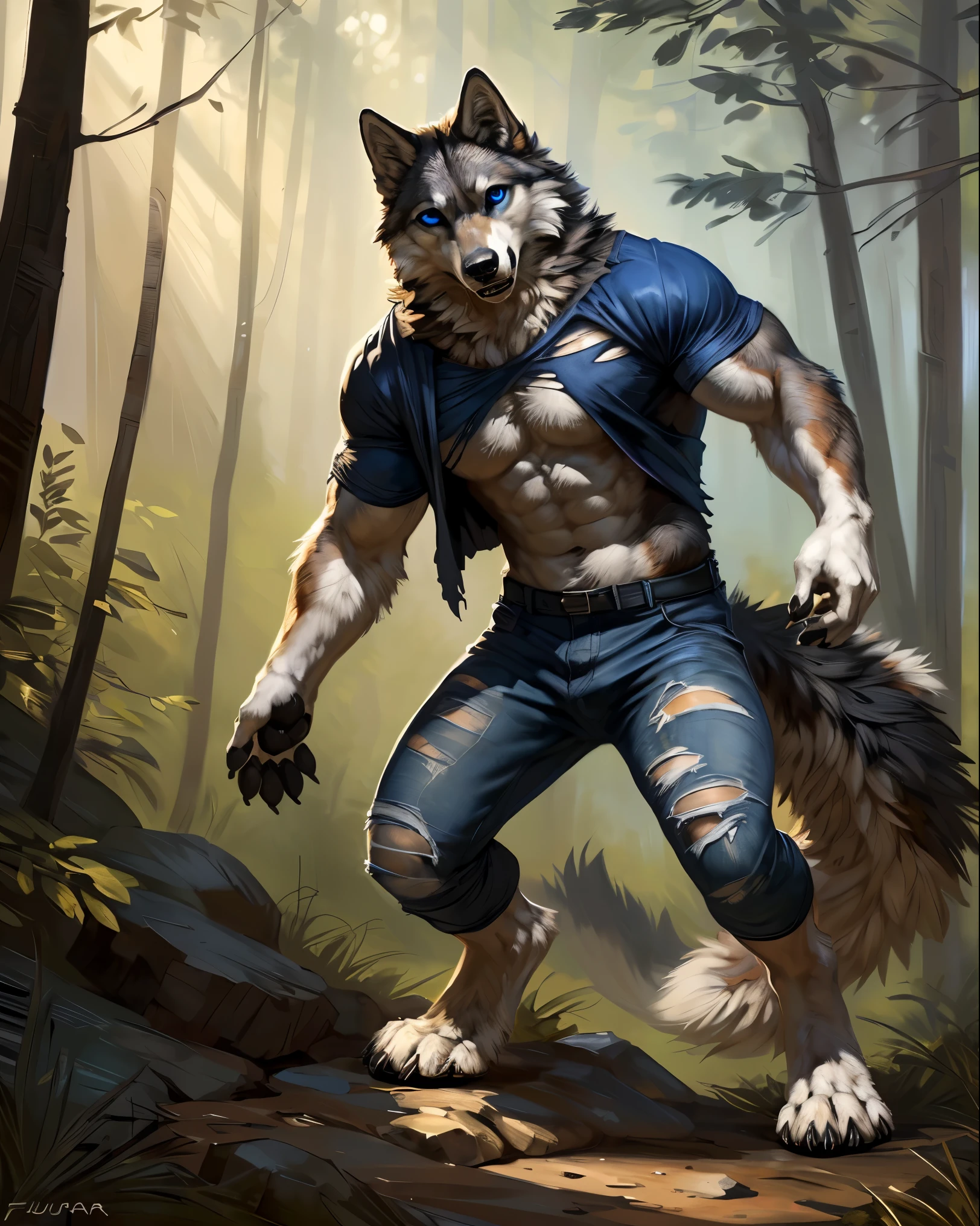Male werewolf, comic style, illustration, alone, ABS, Pecs, concentrated expression, male body, masterpiece, Best Art, whole body, digitigrade, by ouna, by violinist taran, Ripped jeans, broken shirt, Detailed hands, high, detailed eyes, big tail, detailed torso, forest, expression of pain, transformation, looking at the hands, squatting posture , open legs, Red eyes