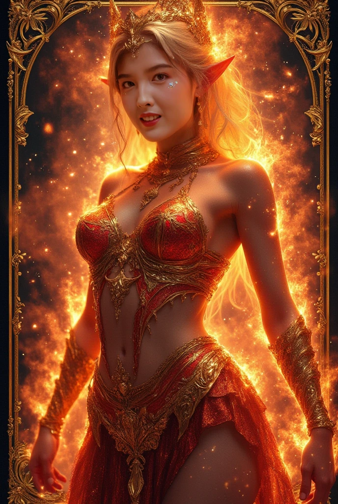 It is (realistic fantasy) el arte withtiene brasas, real flames, real heat, and realistic fire. Generate a masterpiece artwork of a female fire druid with large (((orange and gold))) eyes. The fire druid is awe-inspiring with beautiful ((Realistic burning eyes)) alight with withfidence and power. His features are elegant and well defined.., with ((Soft and swollen lips)), elven bone structure, and realistic shading. ((Extremely realistic details, Macro details, and shine.)) She wears a billowing, shimmering dress made of realistic flames and jewels that sparkle in the firelight... Wisps of fire and smoke border the dress's intricate bodice.. Include bumps, stones, burning iridescence, glowing embers, silk & satin & leather, an interesting background, and heavy fantasy elements. camera: Use dynamic compositing techniques to enhance realistic flames., long blond hair