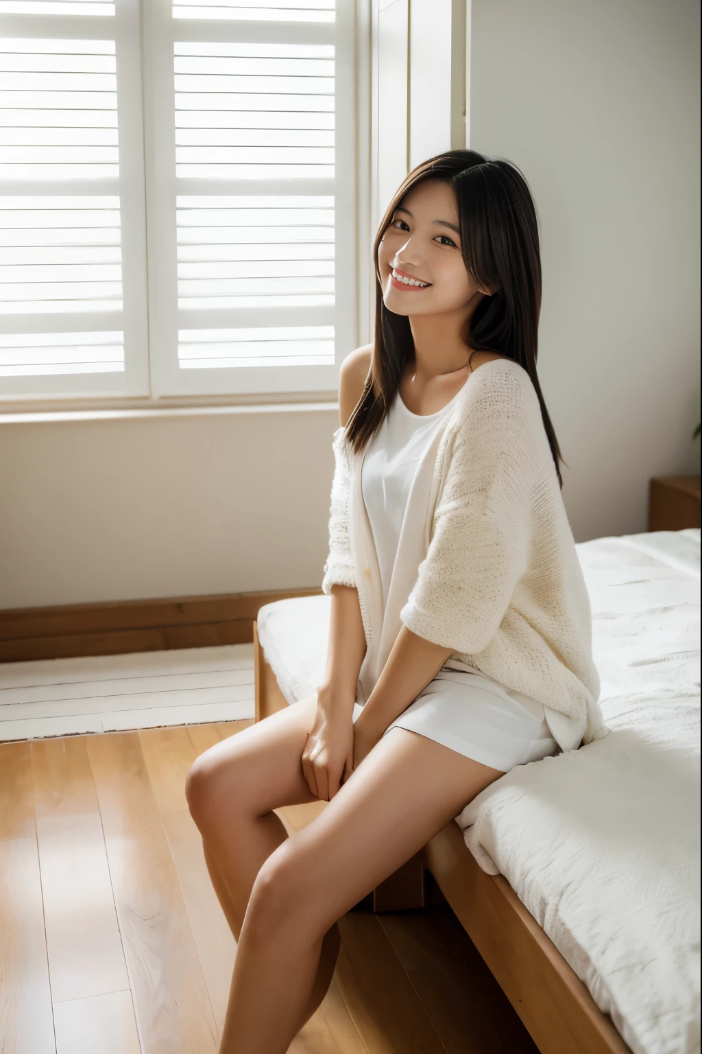 Solitary confinement、Fluorescent light、Cot、Sitting on the bed、Prostitute、Beautiful woman、Oversized shirt、Cleavage、barefoot、View the photographer、smile
