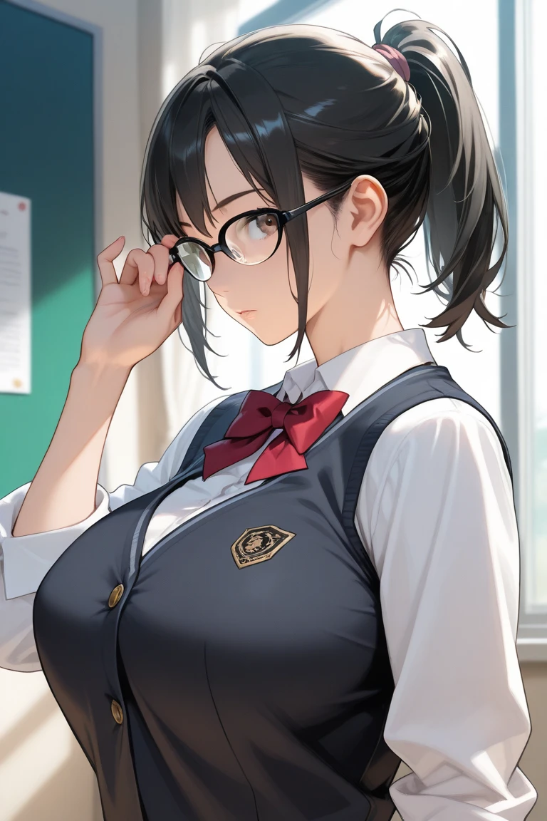 masterpiece,highest quality,wonderful,finely,High resolution,1 girl, big breasts,(stretching:1.3), black hair, glasses, green eyes,twin tails,full body