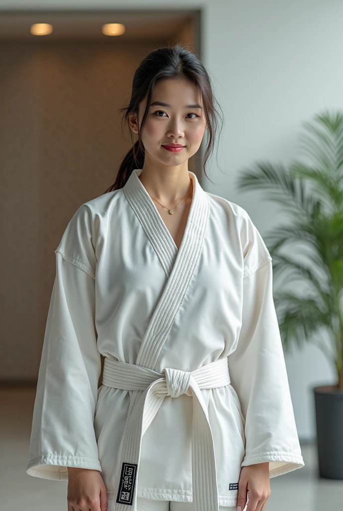 Highest quality、Japanese、Big Breasts、White judo uniform、naked、Inserting the penis into the vagina、、Normal position、Have sex、Thick pubic hair、smile