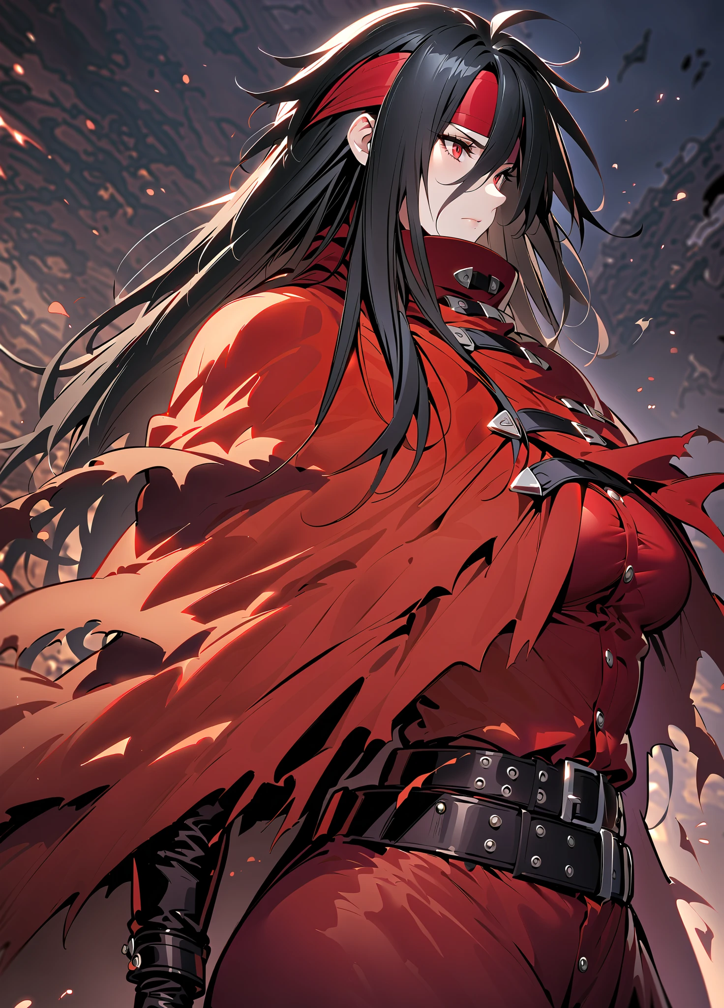 masterpiece, best quality, amazing quality, absurdres, vincent valentine, 1Mature Woman, belt buckle, black hair, buckle, cloak, closed mouth, hair between eyes, headband, long hair, male focus, red cloak, red eyes, red headband, solo, spiked hair, torn cloak, torn clothes, upper body