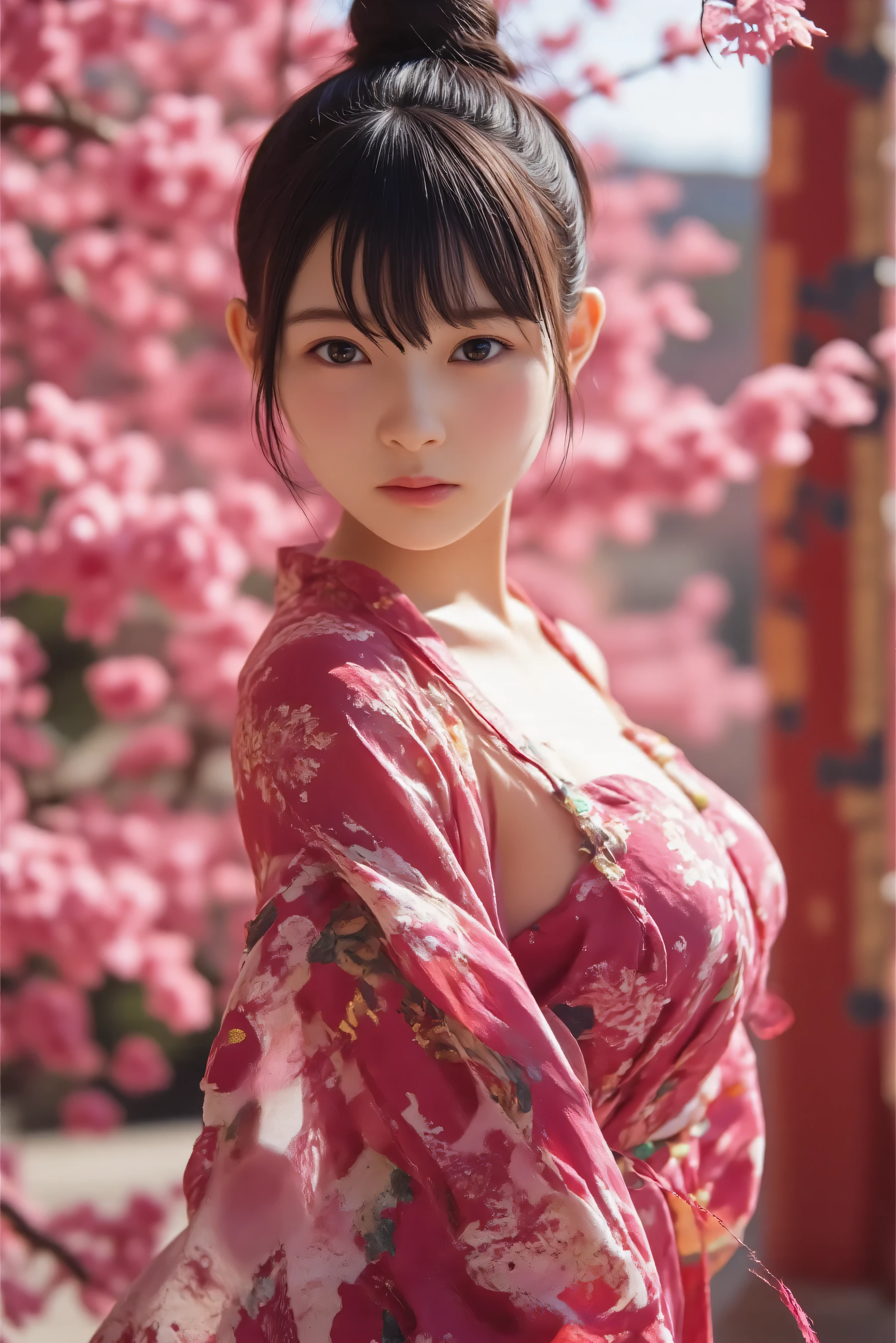 score_9,score_8_up,score_7_up,(pastel-color),(high brightness colors),Cute 20-year-old Japanese 1 girl,solo,(8k, masterpiece, ultra-detailed, best quality, ultra high res, newest, very aesthetic, absurdres, illustration, perfect composition),(hires),looking at viewer,black hair,shiny skin,fair skin,(upper body:1.5),toothless smilev,emphasizing her curvy body and large breasts,A beauty in a vibrant red kimono, gracefully looking back over her shoulder, background of cherry trees in full bloom