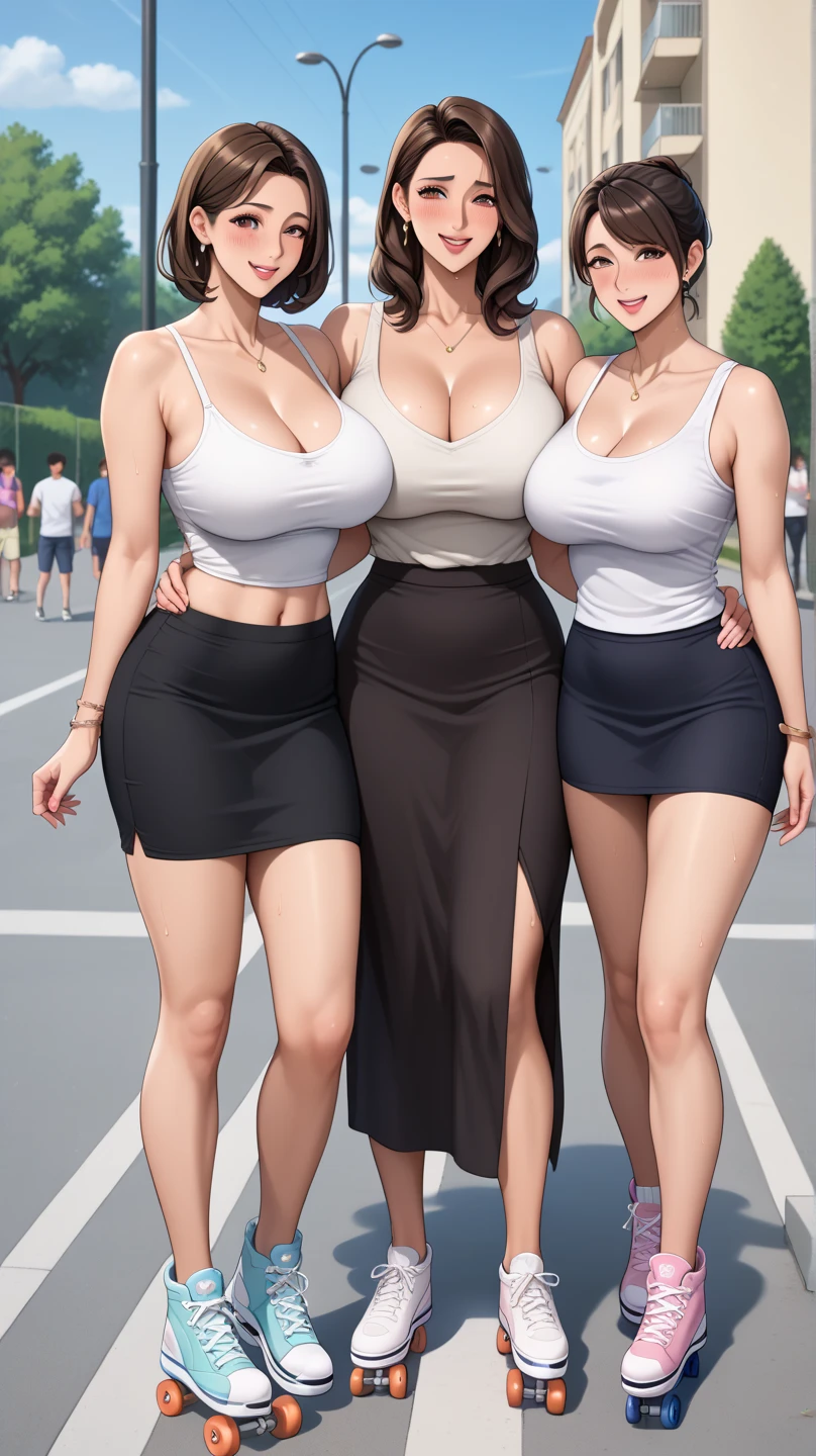 3 mature women, gigantic breasts, microskirt, cropped tops, underboob, fullbody shot, sitting on bench, leg apart, front view from below