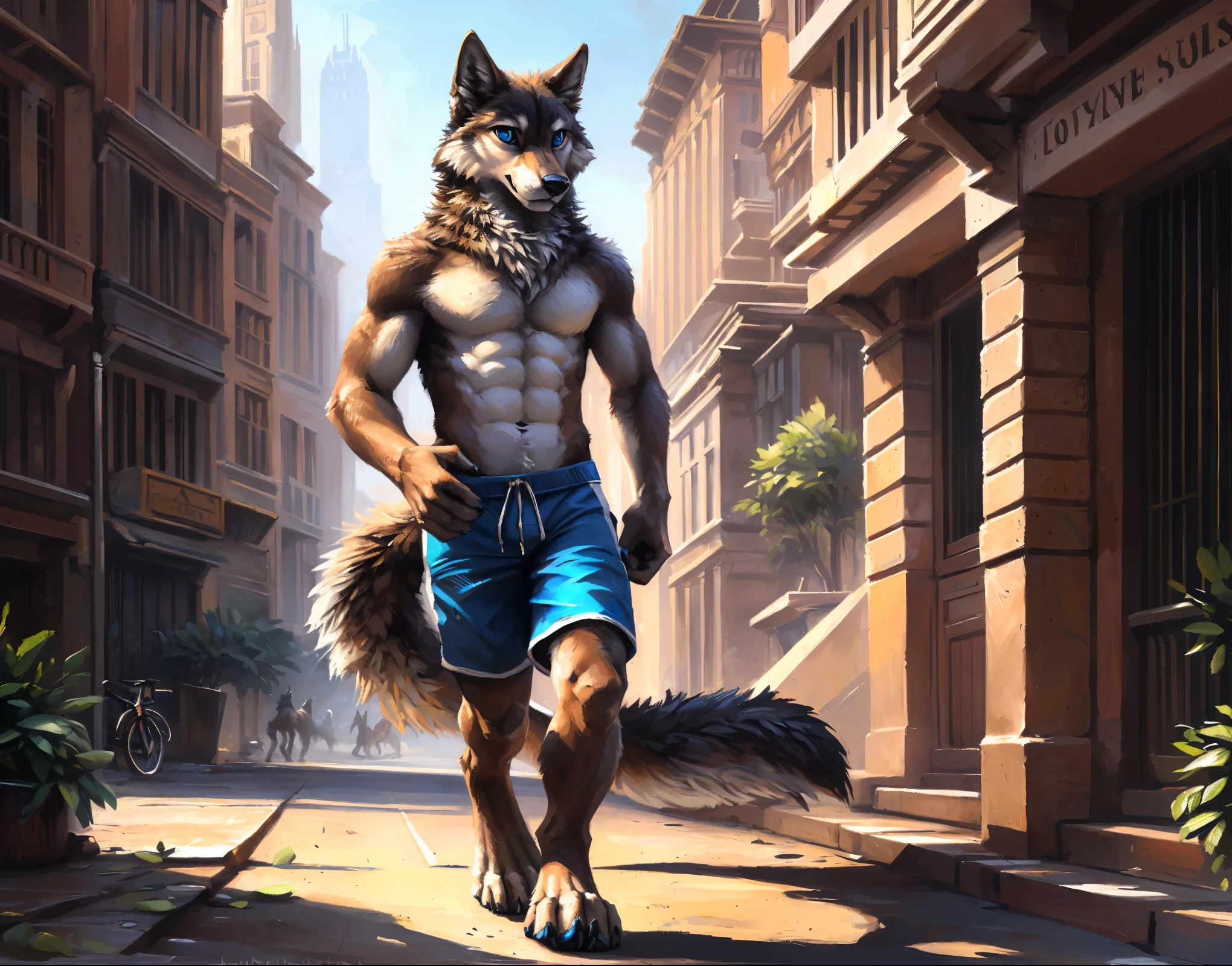 ((Solo)), male people, anthro wolf, (Multi-colored fur, White-brown:1.3,White tail pointed), (Height 2.1m,Tail length 1.2m), ((Wolf face, Big eyes, White eyelids, Blue pupil, Slim:1.2) (Tough, Calm expression:1.2)), Abs, Slim, pinging)), (Correct anatomy), (Work shorts:1.1), The upper body naked, (detailed outfits),A long big tail,Feet,(Realistic fur, Detailed fur texture, labeled:1.3)), (Natural lighting), Photorealistic, Hyperrealistic, ultradetailed, by Kenket,Modern city,erect through,Running on