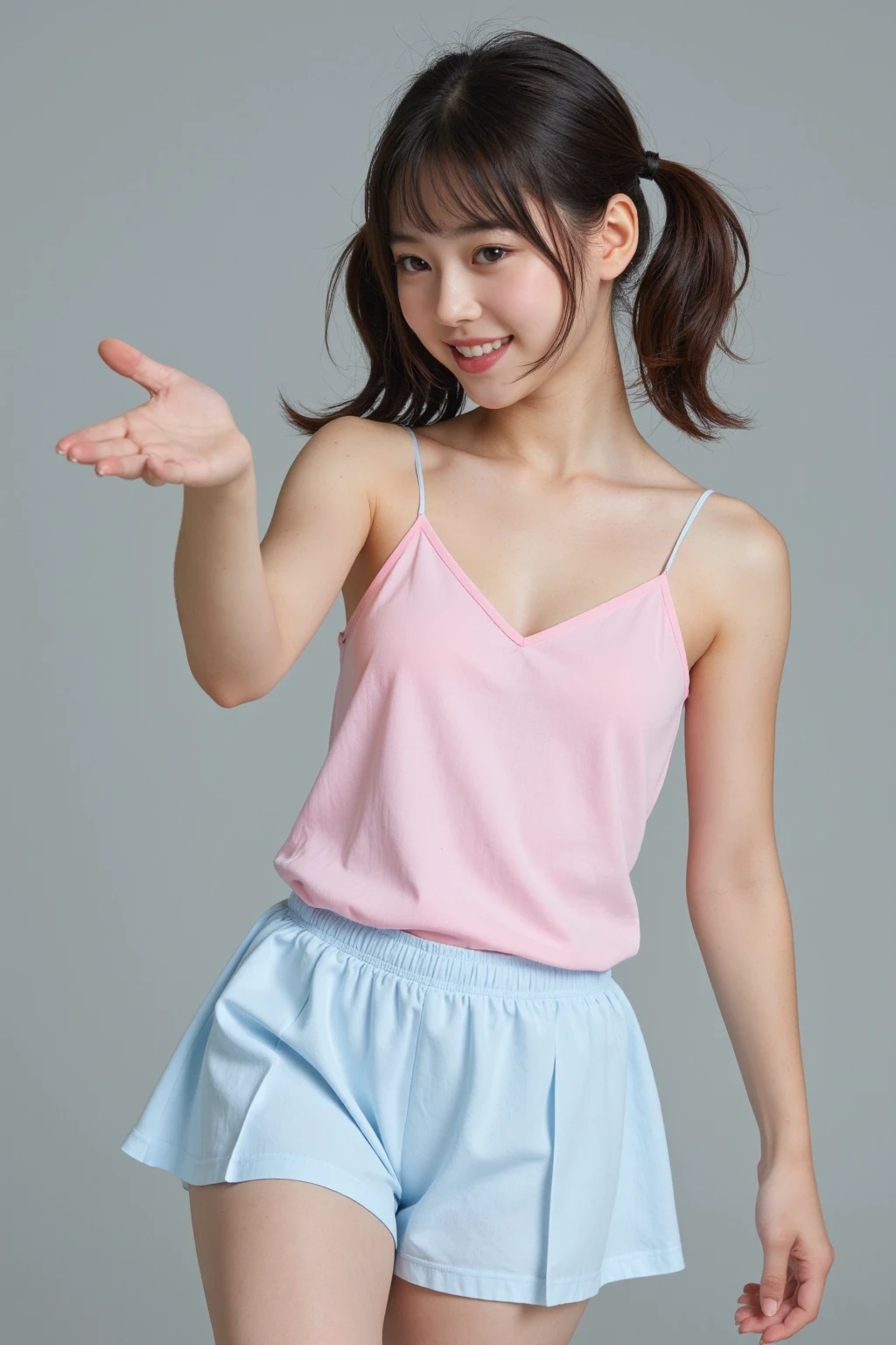 (best quality:1.2), masterpiece, ((anatomically correct proportions : 1.5)), ((perfect proportions)), 1 Japanese girl, (12-year-old, ultra cute kawaii:1.3), ((upper body)), solo, smile, standing, looking at viewer, (nup, cheerleader:1.2), (wearing Cheerleader's sleeveless shirt and pleated mini skirt) , ((focus on her armpits)), (((Sweaty armpits))), Armpit depression, ((((Dimpled Armpits)))), ((((Deeply wrinkled armpits))))