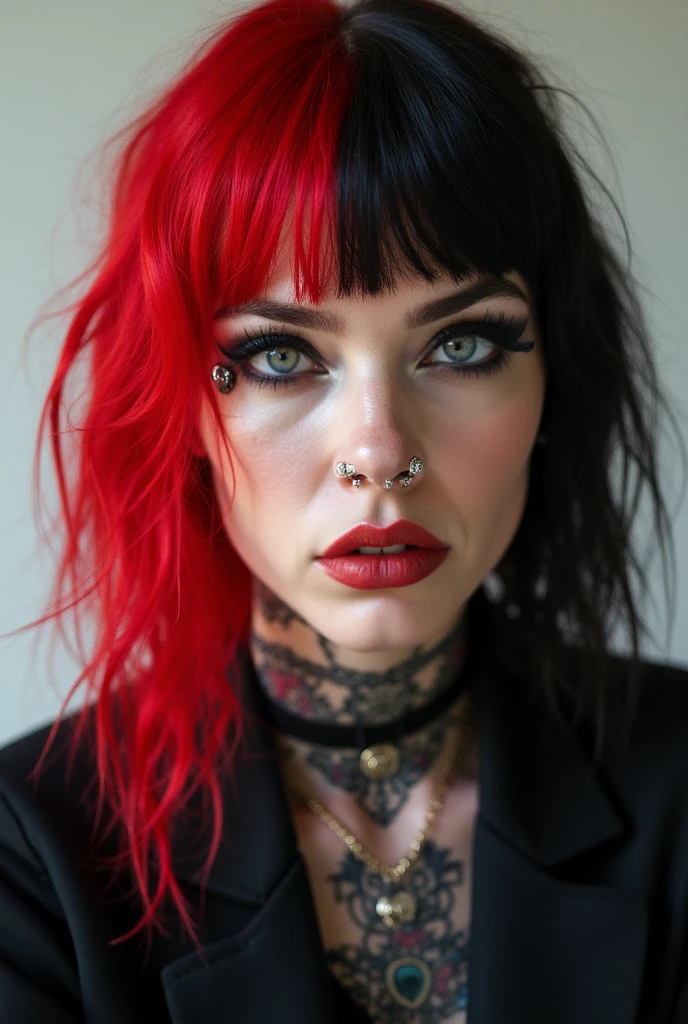 (masterpiece, best quality, photorealistic realistic,) 1 women, blunt bangs, jacket, black jacket, brick wall, red hair, shiny brown eyes, thin eyebrows, eyelashes, licking lips, lipstick, long hair, looking at viewer, makeup, nose, open mouth, red lips, single, tongue out, upper body, arm tattoo, blurred background, close up, chest tattoo, depth of field, makeup, motion blur, shoulder tattoo, tattoo, ear piercing, earrings, stud earrings, lip piercing