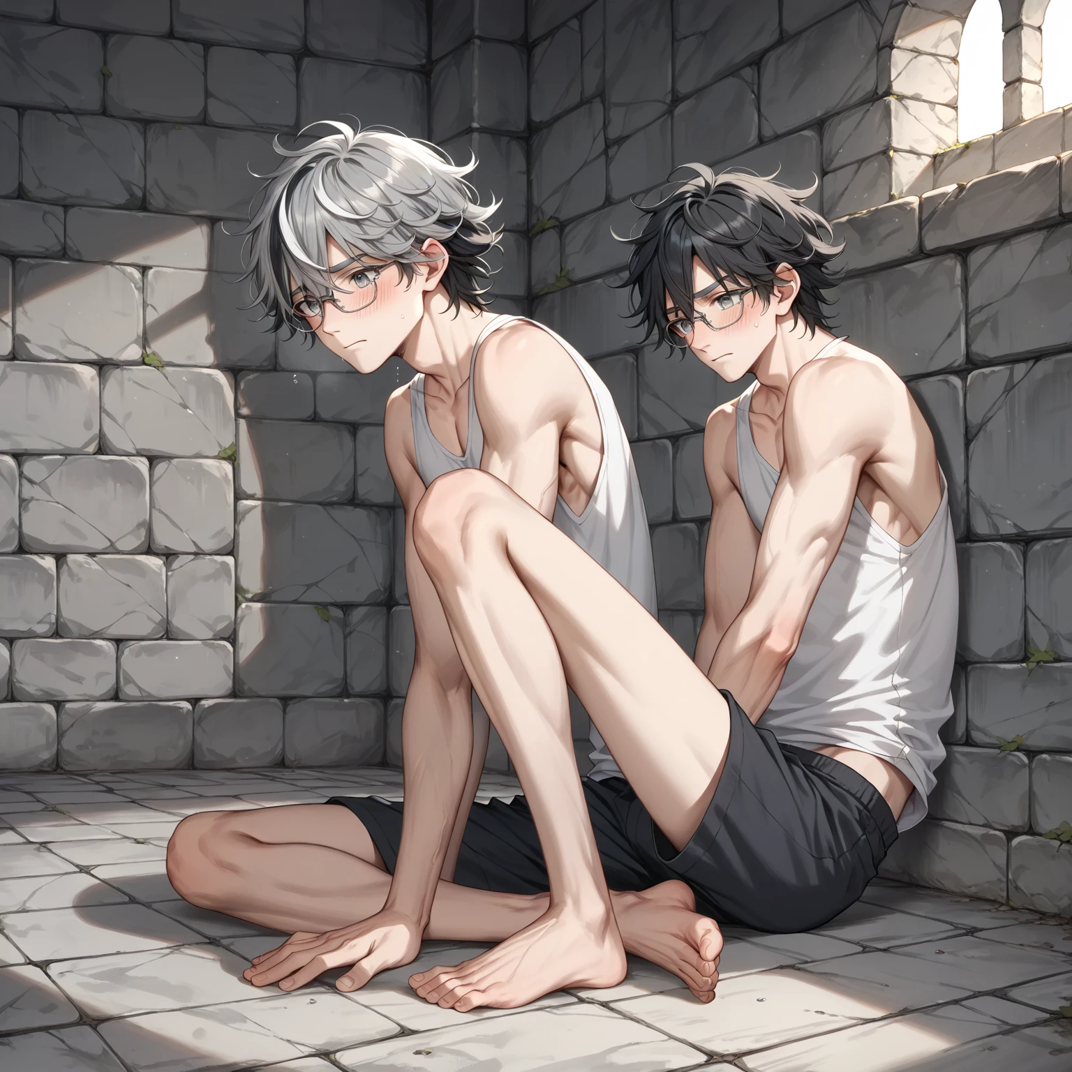 very thin boy11 years old without a shirt, Without clothing, thin, Blue eyes, white hair with red tips, wet slender body in white swimming trunks, straightens his hair embarrassedly, blush on the face, dick is standing under panties