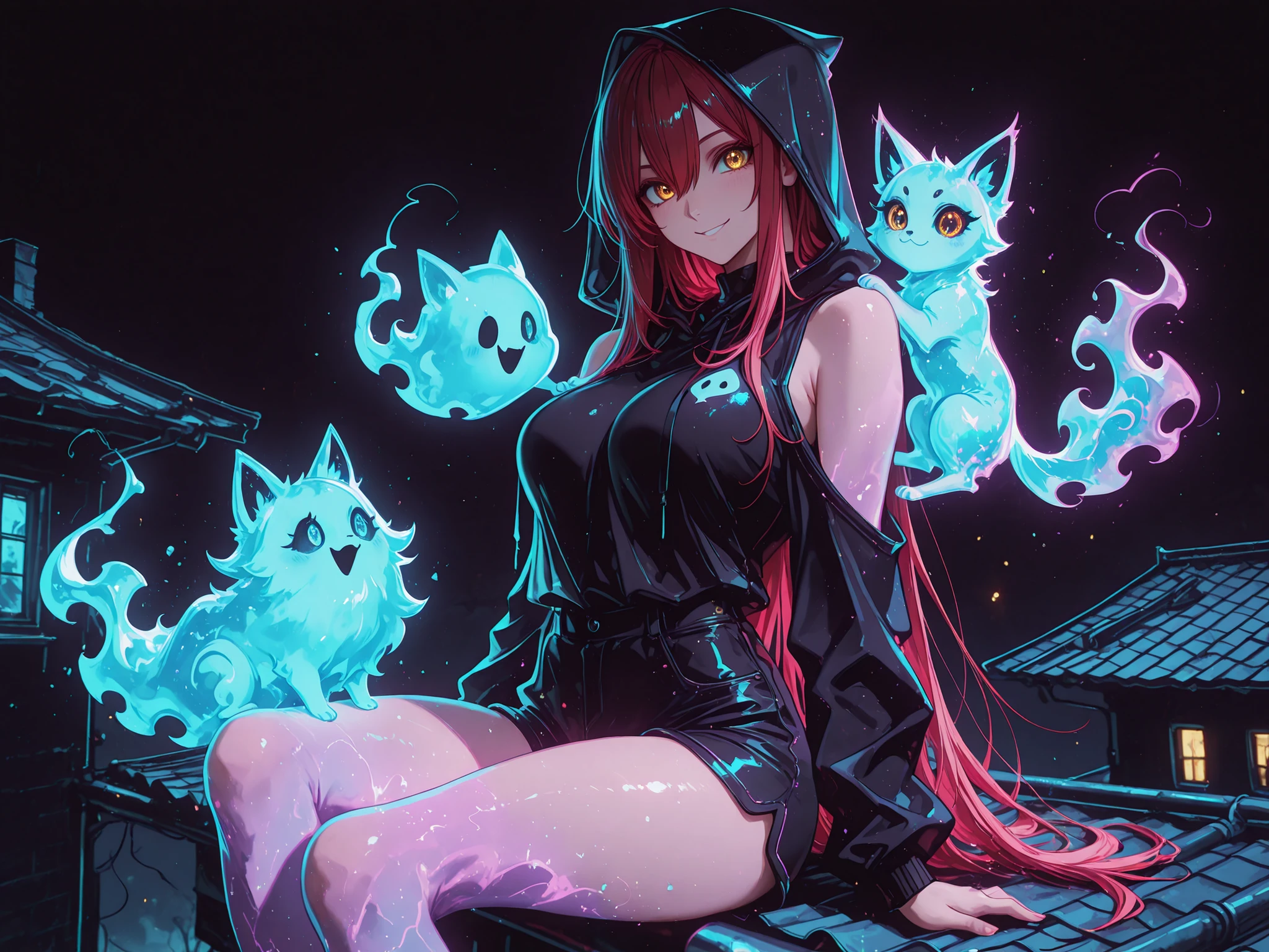 1 girl , golden eyes , very long hair , long sidelocks, red hair , petite , very cute , beautiful ,Straight hair, cool, handsome, hair between eyes, mediumlarge breast, cute eyes, bare shoulders, hoddie with hood, shorts, cute, smiling, ((a imaginary friend sitting on her shoulder, cute little shadow ghost cat, shadow from solo leveling)), sitting on a rooftop, soft, pastel, purple neon aesthetic, neon colors, glowing, glow effect, vibrant colors, high contrast, fluorescent, luminescence, light effects, chromatic lighting, colorful lighting, bright outlines, neon lineart, dark background, digital art, black background