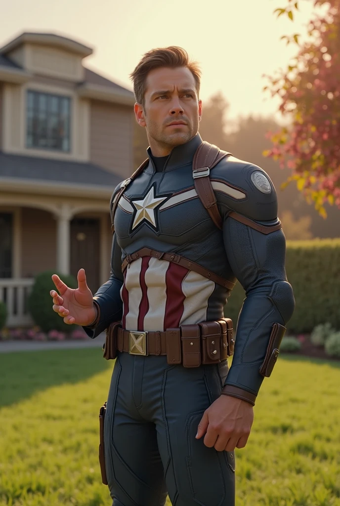 Steve Rogers with his hard cock and big balls hanging out the front of his Captain America uniform