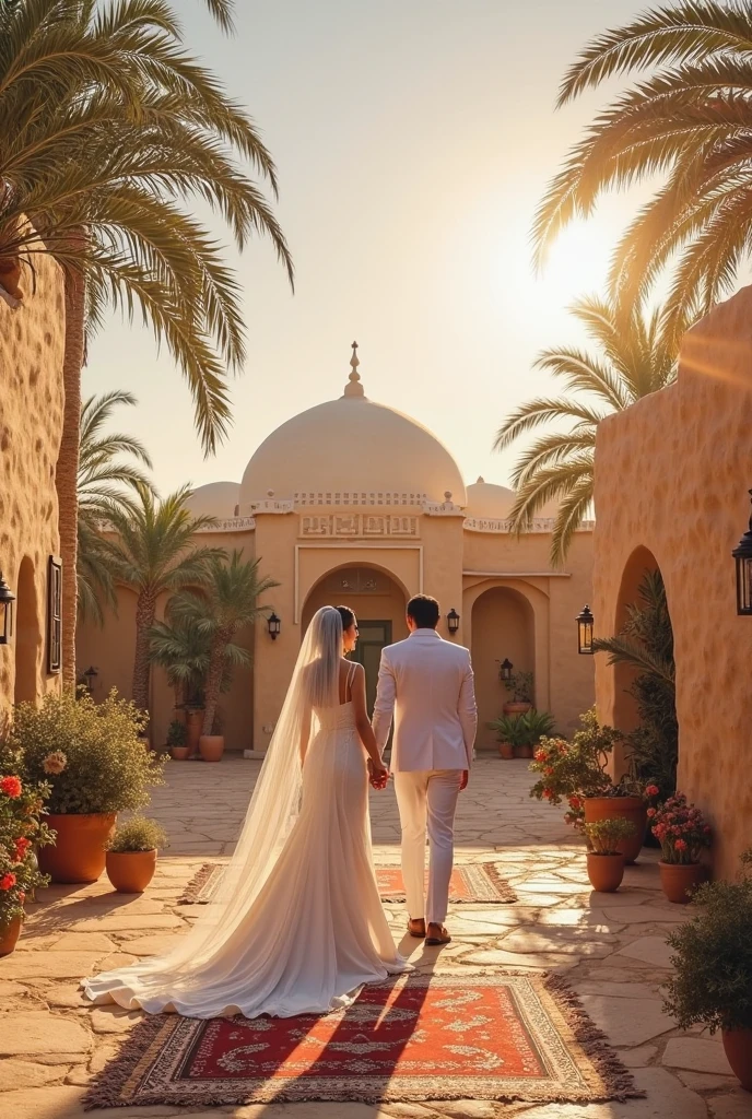 ((Ouarzazate in background)), (chefchaouen), (riad) photo, ((hugging)), (from behind), ((((1 man and 1 woman hugging)))), sparkling splashing rainbows, curvy, (((clear straight even bright eyes))), (((woman has super long hair))) (((man has short hair))), flowing, glistening, ((woman wearing iridescent sheer abaya)), ((man wearing hooded moroccan kaftan)), (riad fountain), glimmering, sweating, crystal jewels, melting, shimmering, glowing flowers (masterpiece) (best quality) (detailed) (8k) (HDR) (wallpaper) (cinematic lighting) (sharp focus) (intricate) opalescent, Photoluminescence, treasure, mystical, fantasy, exotic lights, gems, (Moroccan candles), sunrays, ((desert oasis)), Ouzoud waterfalls, Tastir, arabesque, safi, (sanddunes), sand, palm trees, opalescent, Photoluminescence lights, (gems growing), glowing desert flowers, fantasy, clear, Cinematic RAW photo, hyper real photo, ultrarealistic, 8k uhd, dslr, soft lighting, high quality, film grain, Fujifilm XT3, photographed on a Kodak Retina II Sanyo Xacti VPC-CA6, 50mm lens, Wide Angle, HDR, hyper-realistic, colorgraded, volumetric lighting, [volumetric fog, moist], shallow depth of field, reflections, photo, (sparkling) splashing rainbows, glistening, (iridescent), glowing, glimmering, crystals, ((secret treasure in it)), mystical, enchanting, glittering, ((1 Moroccan man)), ((1 white woman)). mist, wish, (longing) (together love), ((true love)), romantic, ((riad bed)), ((((heterosexual relationship only)))), twinflame, soulmates, (1 male and 1 female together), romantic,