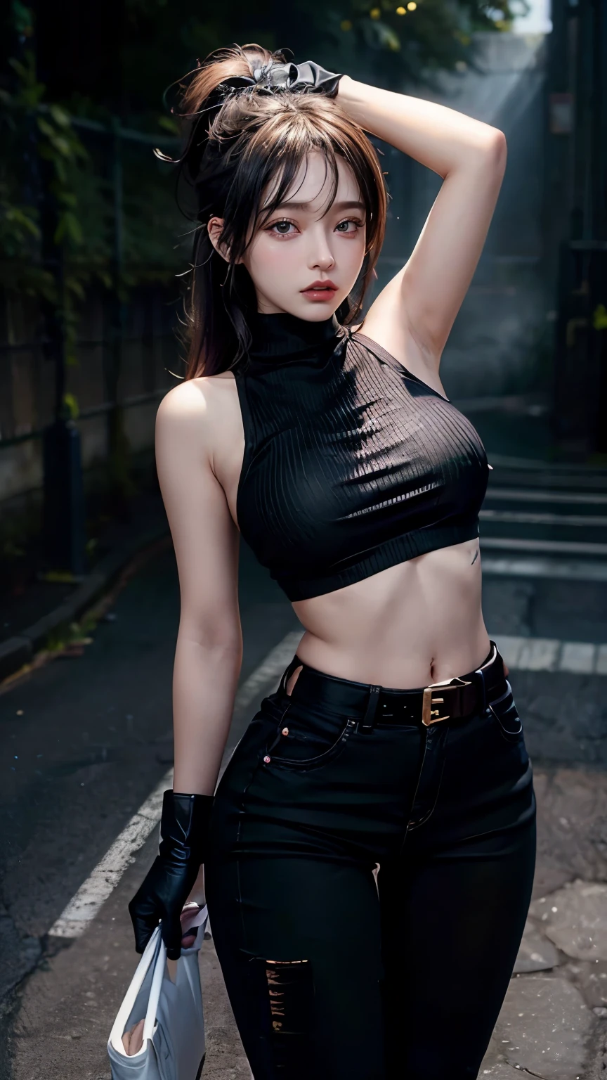 (photo realistic:1.35), masterpiece, best quality, CG, wallpaper, HDR, high quality, high-definition, extremely detailed,
Photo, Sharpness, ultra-realistic textures,
spectacular light textures,
(1 girl), Japanese, 35yo, Supermodel, (she is tall),
Slim body, Thin waist, Big hips, thin navel,
(prostitute girl:1.35),
((Wearing a skirt)), ((Wearing a jacket)), (black stockings),
(prostitute inviting customers), (Panties are slightly visible)
(ultimate beautiful girl, cool beauty girl),
(Kind hearted woman, very kind lady, caring woman, attentive woman, very elegant woman),
(show navel, Thin navel, show abdomen),
Blush brown makeup, dark eye makeup, pink lipstick, (big beady eyes girl),
(intense sex appeal),
(expensive necklace),
(amazing orgasm),
(She makes a sexy bold pose),
(Wearing a tank top as an inner layer),
(kneeling), (Perfect Body), (rounded big breasts:1.20), (Cleavage),
brown hair, long hair,
(arms behind head),
((spread legs wide)), (standing:1.5, Show the armpits:1.1), (wet skin),
kind smile,
((wide prison with sunlight)), dark fantasy,
peeling ceilings, broken slabs, rebar between cracks, realistic material details, extreme details, ultra-realistic materials,
broken walls, wet, cloudy,
junkyard,
perfect female anatomy, two legs, two feet, two arms,
full body shot,