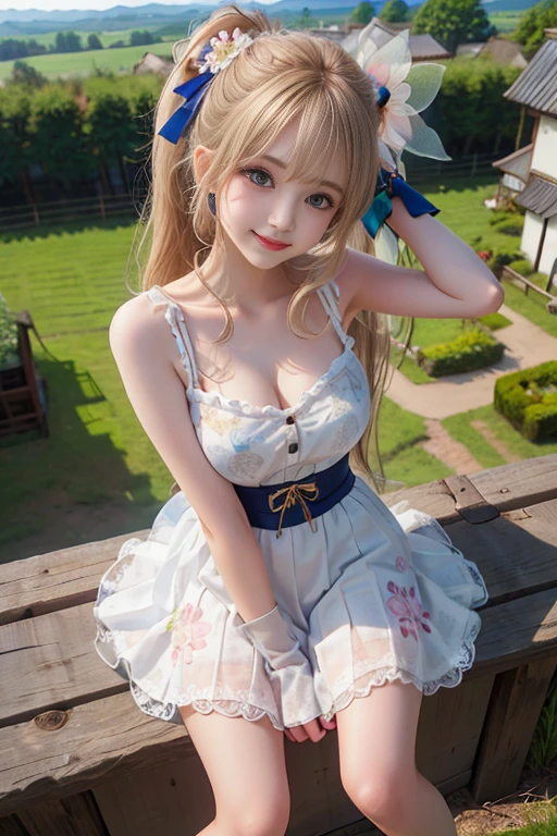 ((highest quality)), ((masterpiece)), (detailed:1.4), 3D, Image of a woman in a beautiful long dress,nffsw(high dynamic range),ray tracing,NVIDIA RTX,super resolution,unreal 5,Scattered beneath the surface,PBR texturing,post processing,anisotropic filtering,Depth of bounds written,maximum clarity and sharpness,multilayer texture,Albedo and specular maps,surface shading,Accurate simulation of light-matter interactions,perfect proportions,octane rendering,two-tone lighting,wide aperture,Low ISO、White balance、Rule of thirds、8K students、((Black corset))(((white and blue dress)))((blonde))