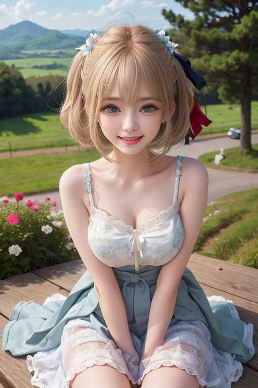 Extremely detailed face, Perfect lighting, Best quality, Photorealistic, Ultra detailed, Masterpiece,round hat with ribbon, Short curly blonde hair, Big blue eyes, Cheerful expression, Curvy figure, Wearing a pink polka-dot dress, Sit among the wildflowers, 1girll,cropped shoulders,long leges,high-heels,Close-up of a ring on hand