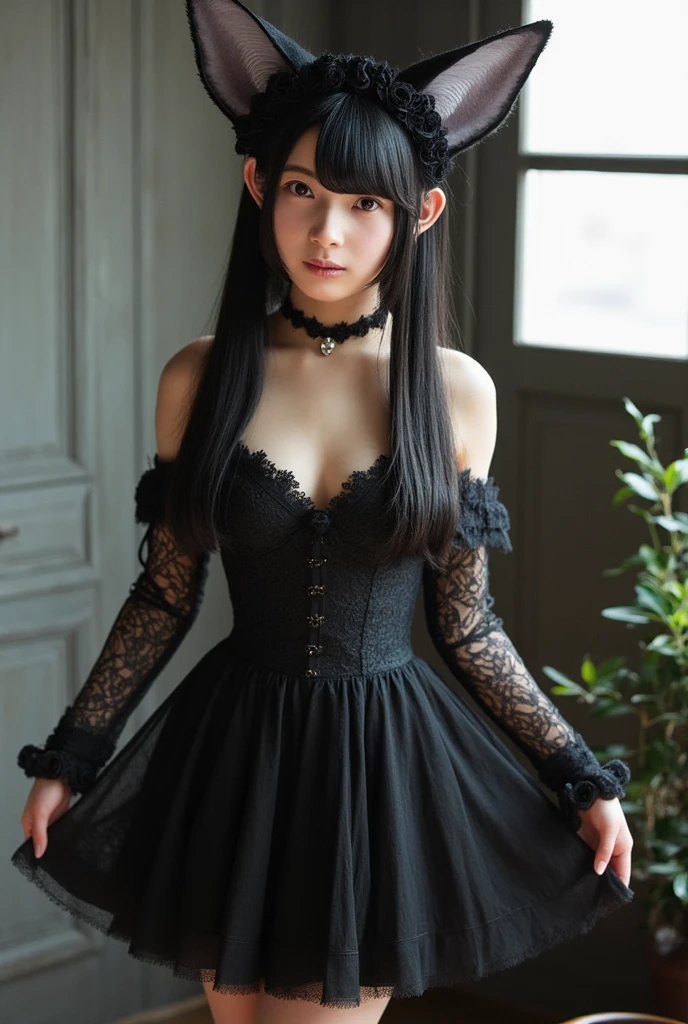 Surreal、Delicate and detailed line drawingasterpiece、highest quality、Highest quality、(One Woman、16 years old、(big breasts:1.3), (big ass:1.3)、(Black Hair、Hime cut, Short Hair:1.2)、(Natural Makeup、Eyelash extensions、Sharply draw eyelashes、Eyebrows are thin and short、Deep orange blush:1.1)、(Spaced out、Looks sleepy、Mouth open、A little red cheeks:1.2)、(Black simple hair accessory、A gothic dress with a revealing chest:1.3))、Dark Rose Garden、Purple roses、(Blur the background:1.3)、(The subject is viewed from above:1.1)、Photo from thigh up