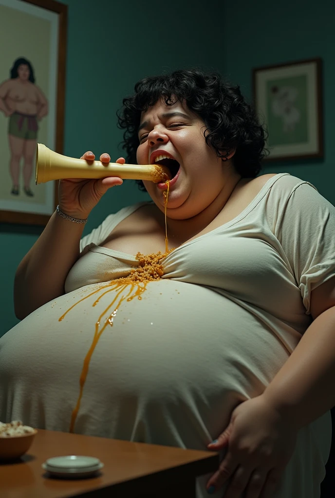 there is a very large obese woman in a kitchen, giant belly with a very large mouth,huge chin, with mouth open. putting an extremely large stick of butter in a blender. donuts and bacon scattered on the counter.
