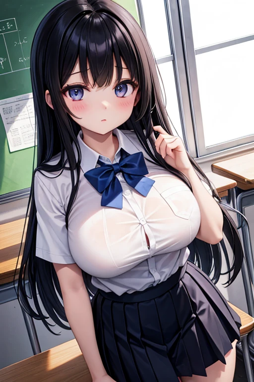 masterpiece,Highest quality,Highly detailed face,(((1 slim sexy girl))), ((1boy and 1girl are having sex)),((Cum there)),(((cowgirl position, girl on top:1.3))),(Black hair ponytail), (((Huge breasts))), (((White shirt、Pleated skirt:1.4))),((Girl straddling a man:1.5))、((Painful face))、Heart symbol、excited、White Breath、(((SEX in the classroom)))、(Sweat:1.2)、Nervous、Heart symbol