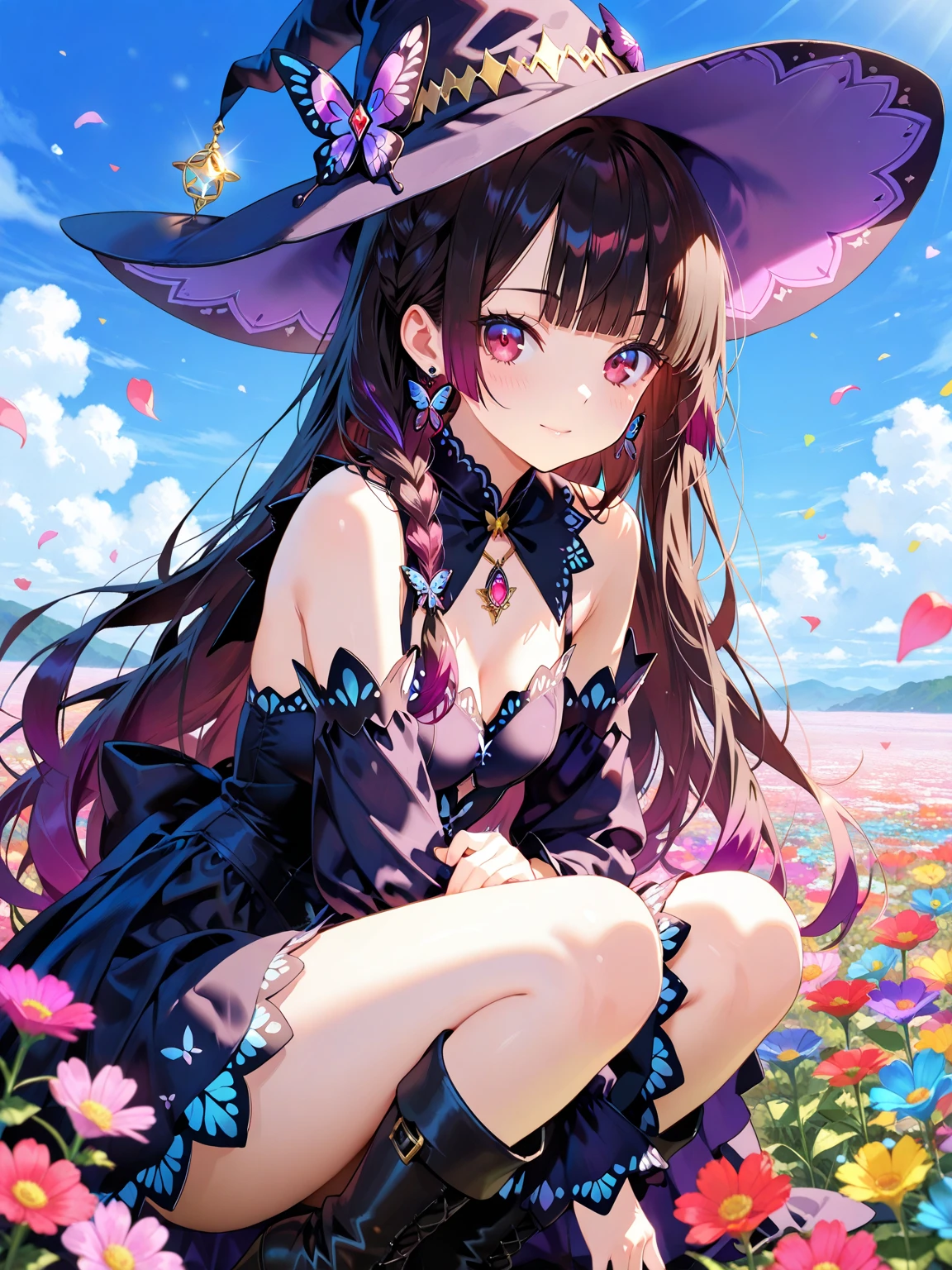 colorful butterfly,Girl,Bikini,Upper body,Witch hat,(Detailed face:1.2), (Medium breasts),(cleavage),(thigh band),Long hair,Asymmetrical bangs,Tarot border,The portrait is centered,(without weapons),(bouncing breasts), --auto