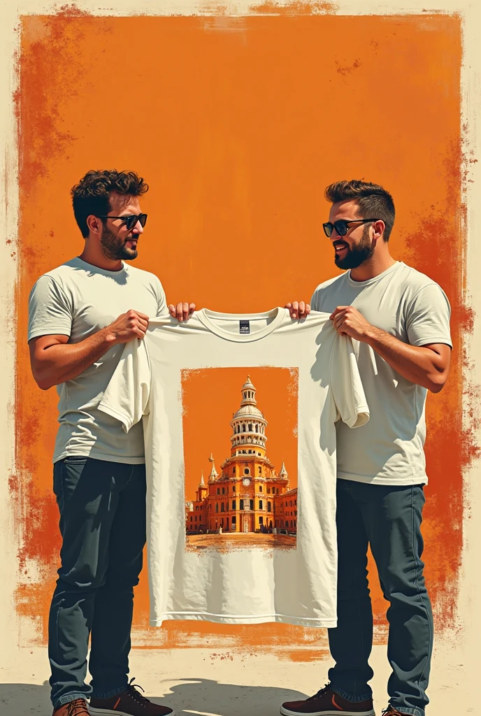 Obra maestra, desenfoque de campo, Parte superior del cuerpo, Hands in pants pockets , Two 38 year old men with beards and square sunglasses.... Men dressed in a programmer shirt at an action movie in Japan with a sunset in the background.