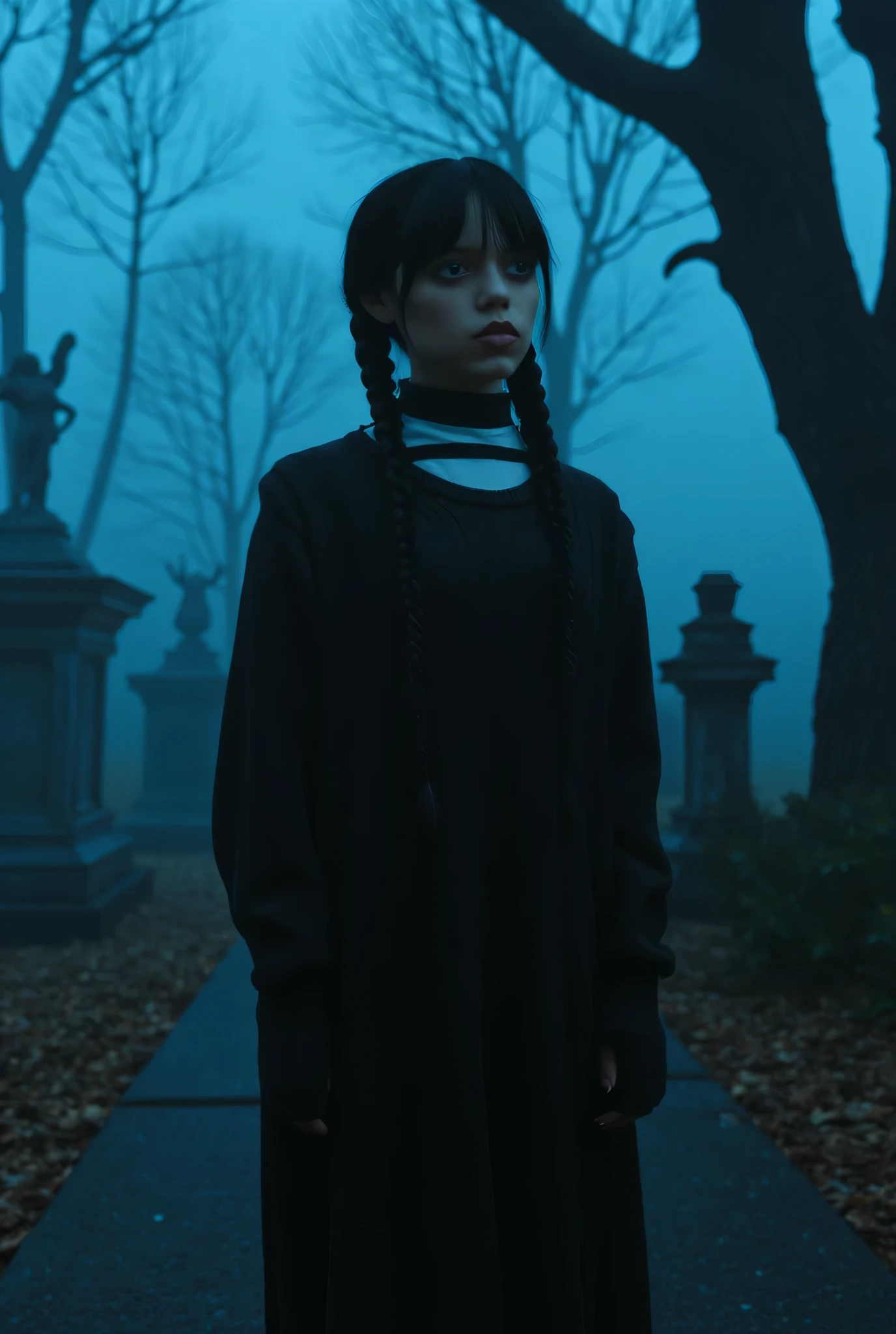 Wednesday Addams, pigtails, nighttime, surreal, foggy, cemetery background, haunting art, sexy, seductive, high detail, masterpiece.