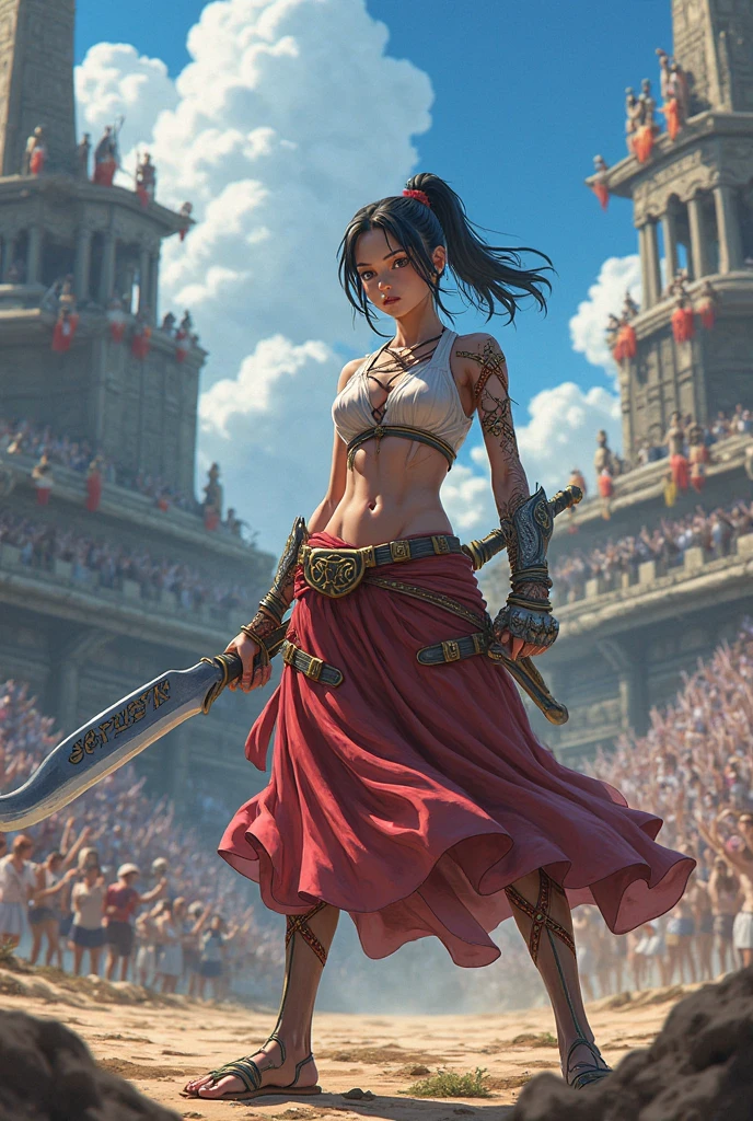 (((masterpiece))), (((best quality))), ((ultra-detailed)), (illustration), (an extremely delicate and beautiful), 1 girl, Colosseum, Sword slave, slave, (fight:1.4), Hemp clothing, blood, (torn clothes:1.1), holding giant sword,