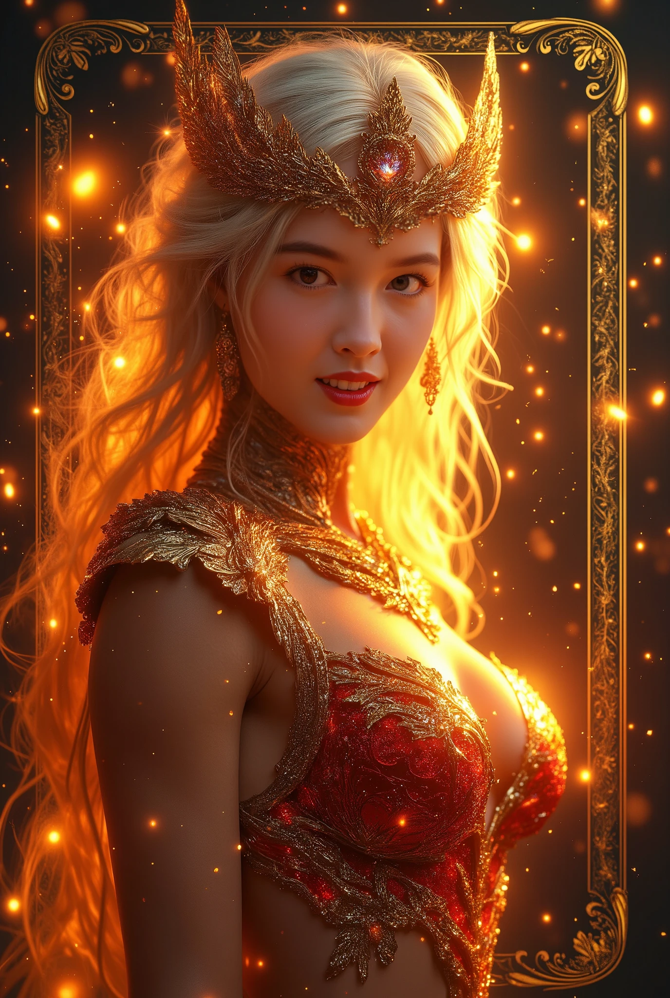 It is (realistic fantasy) el arte withtiene brasas, real flames, real heat, and realistic fire. Generate a masterpiece artwork of a female fire druid with large (((orange and gold))) eyes. The fire druid is awe-inspiring with beautiful ((Realistic burning eyes)) alight with withfidence and power. His features are elegant and well defined.., with ((Soft and swollen lips)), elven bone structure, and realistic shading. Your eyes are important and should be the focal point of this piece of art., with ((Extremely realistic details, Macro details, and shine.)) She wears a billowing, shimmering dress made of realistic flames and jewels that sparkle in the firelight... Wisps of fire and smoke border the dress's intricate bodice.. Include bumps, stones, burning iridescence, glowing embers, silk & satin & leather, an interesting background, and heavy fantasy elements. camera: Use dynamic compositing techniques to enhance realistic flames., long blond hair