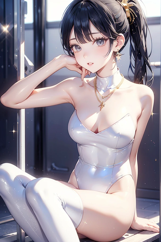 (masterpiece,Highest quality,Ultra-high resolution),Japanese women,Smiling, (((A very beautiful 20-year-old))),((Satin tube top mini dress)),(Tight fit),No sleeve、Satin long gloves、Satin knee-high socks、Satin has a very strong sheen、Place your arms behind your head、I'm sitting on a chair with my legs wide open