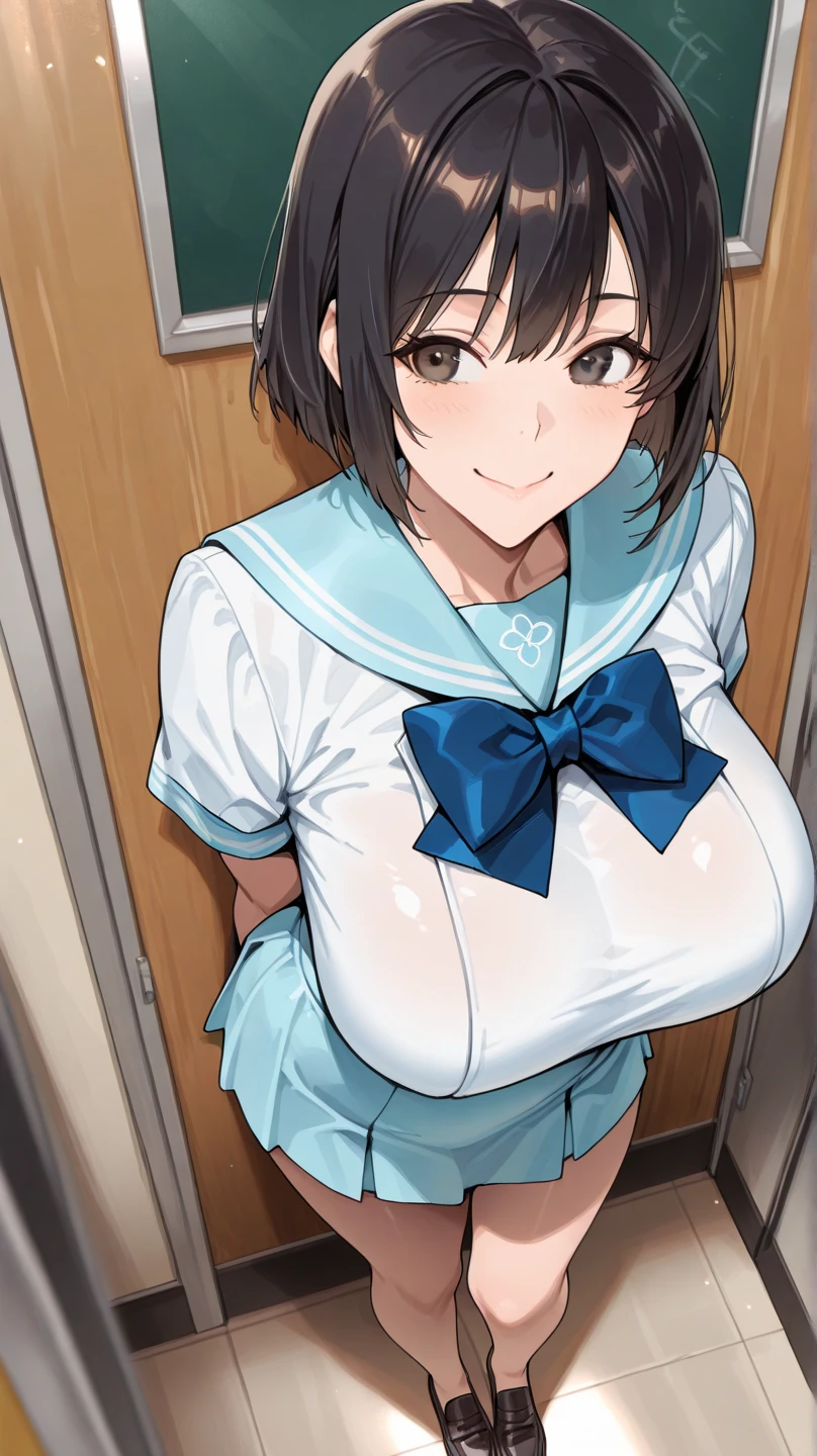 (8K、Highest quality、highest quality、masterpiece)、Detailed face、One girl、 Black Hair、short hair、、blunt bangs、Grey Eyes、evil smile、((Grin))、((camisole))、((One piece skirt))、Cowboy Shot、((bent over))、hospital、Hospital room、Very large breasts、cheeks are bright red、Blushing、in trouble、White nurse uniform、Cleavage、Nipples are visible,bare breasts,nurse cap