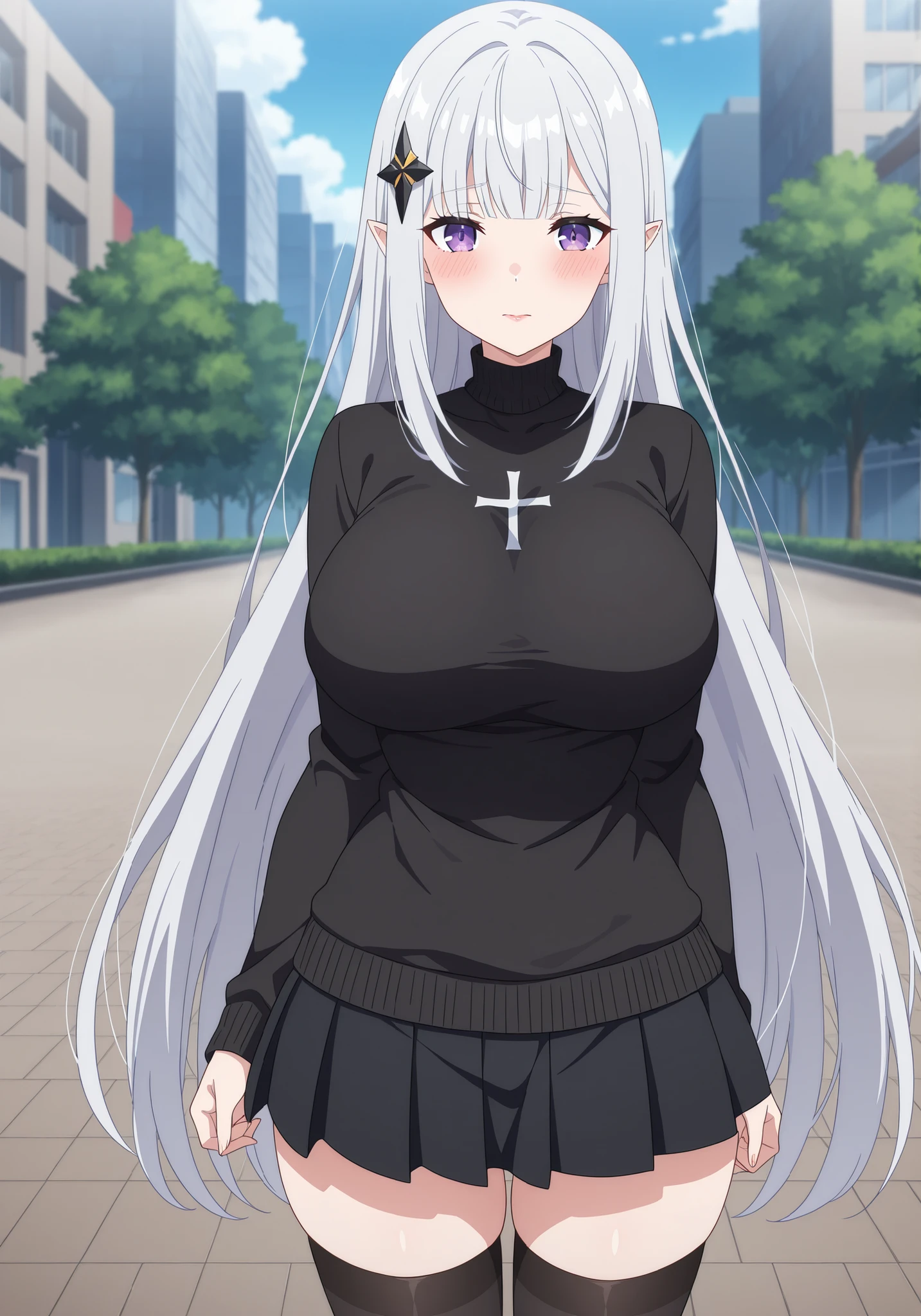 (Score_9, score_7:0.6), (masterpiece, best quality, good quality, newest:0.6) score_7_up, anime screencap, long dress, Satella, Solo Anime, 1girl, Mature Female, pointy ears, hair ornament, blush, silver hair, closed mouth, lips, purple eyes, Sexy, outdoors , front view detailed body, (Black sweater, turtleneck, long sleeves, cross print, black skirt, pleated skirt, miniskirt, black thighhighs,) big breast, City,