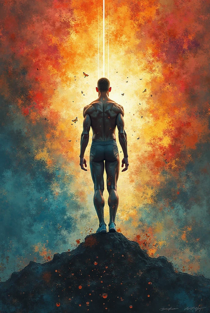 A cinematic image inspired by Genesis, showing God creating man out of clay from the earth. The dust of the earth is seen floating and piling up, forming the body of a naked and incomplete man. Divine light descends from the sky, illuminating the creation process. The atmosphere is one of deep reflection and connection with creation and nature., photo, cinematic
