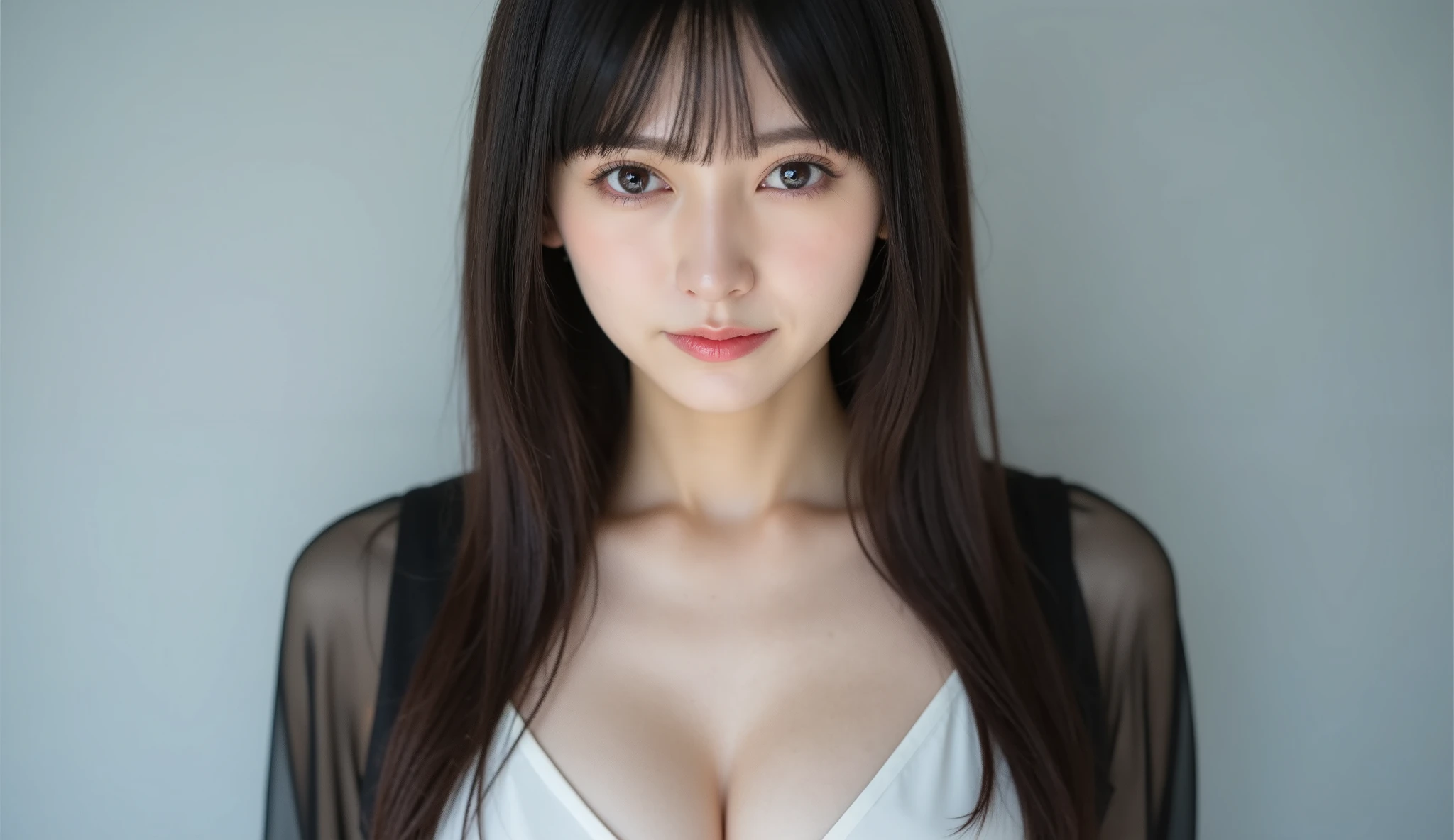 NSFW, masutepiece, Best Quality, 8K, 15yo student, Teen, Raw photo, absurderes, award winning portrait, Smile, Solo, (cleavage of the breast:1.4), Idol face, Delicate girl, Upper body, Digital SLR, Looking at Viewer, Candid, Sophisticated,Thin arms, Professional Lighting, Film grain, chromatic abberation, (Eyes and faces with detailed:1.0), (Formal skirt:1.2) , (Open formal shirt:1.2), closes mouth , A dark-haired , drooing eyes , Average-sized breasts