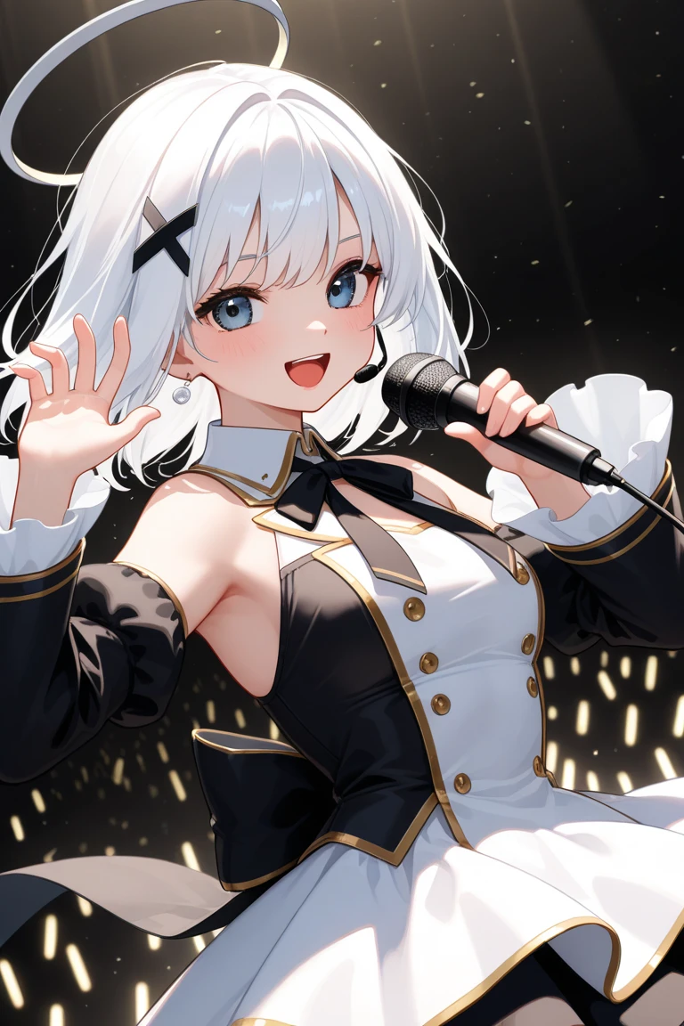 (RAW Photo: 1.2), (Photorealistic: 1.4), (Masterpiece: 1.3), (Best Quality: 1.4), Ultra High Resolution, (Detailed Eye Features), (Detailed Facial Features), (Detailed Clothing Features), HDR, 8k Resolution, Solo Focus, Skin Tight, (Glossy Skin), (Slender Girl), (Ultra Detailed Illustration), Check Commentary, Commentary request, no letters, , VirtualGirl-Aim, 1 girl, full body, cute, innocent, (smile), perfect body, white and beautiful skin, wavy silver hair, short cut, ponytail, red ribbon, beautiful green eyes, smile, idol, stage costume, white knee socks, on stage, absolute area, confetti fluttering, penlight, big, Singing with a microphone in his left hand, putting his right hand on his hip, growing fox ears, growing one fox tail,
