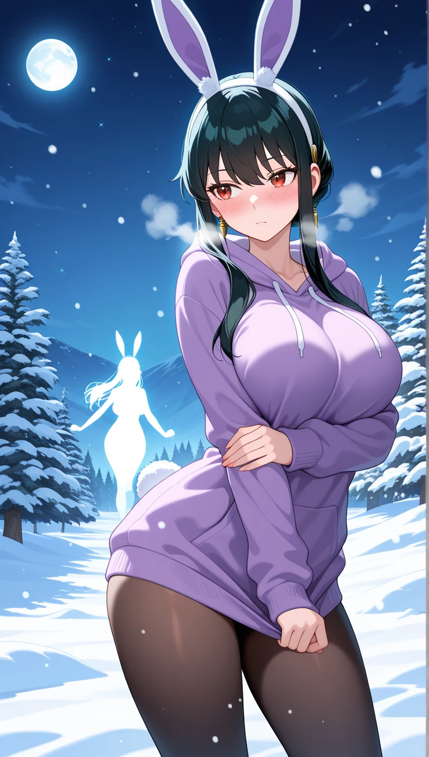 todoshizuko, purple hair, ponytail, hair ribbon, long hair, blue eyes, makeup, (15years old:1.2),  empty eyes, large breasts, nipple, Running, Heavy snowfall area, frozen, wet, crying, mountain, Alone, crying, Naked, solo, 1girl, Peeing, lactation, projectile lactation