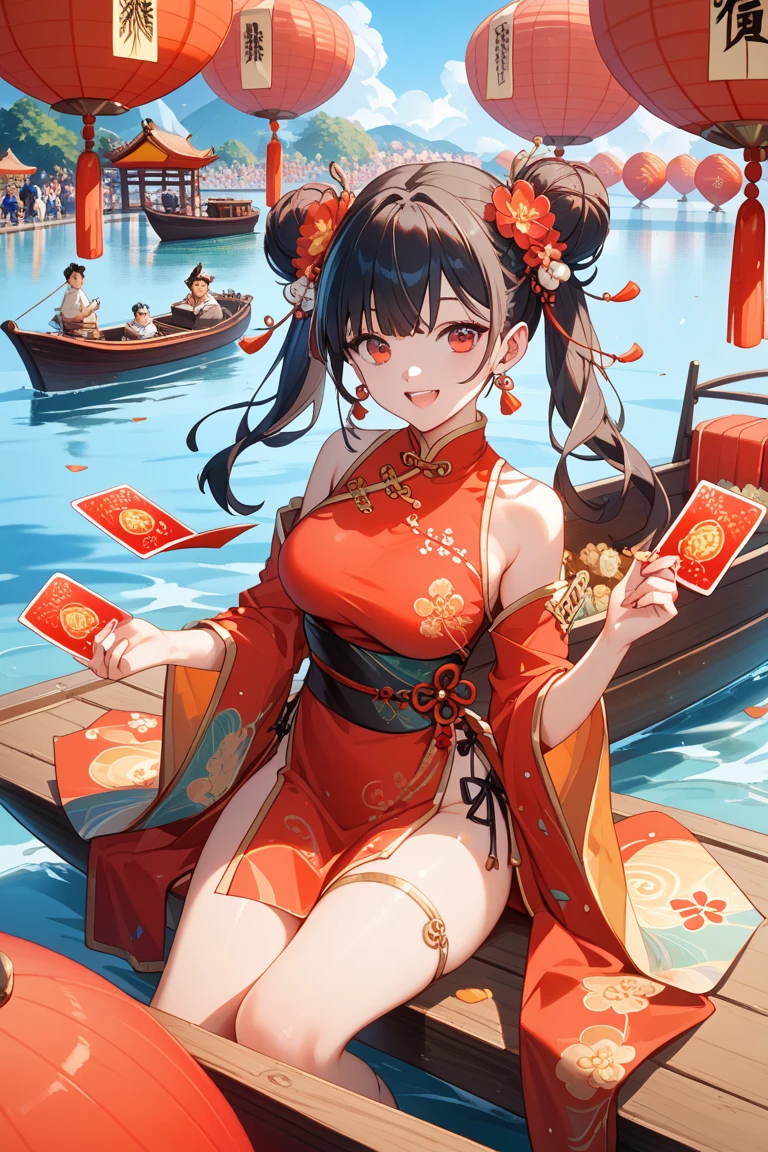 [underwater party]、(A woman wearing a red dress in Ming Dynasty Chinese style and a long cloth on her hand dances gracefully against the backdrop of an underwater Chinese-style palace building)、A woman's young face、four-headed body、thin hands and feet、 Greenish Black Hair 、dancing Thailand、dancing flounder、Big Sea Turtles、Pink coral、blisters like sparkling water、(gorgeous banquet food)、[[School of small fish]]、[[Fisherman's Man]]、Woman up、From below、Highest Quality、anime、masterpiece