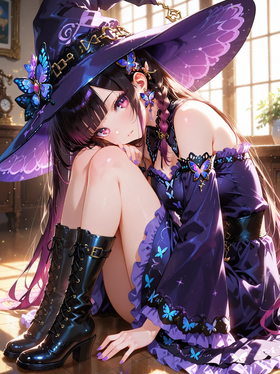 ,medium breast, sex slave, open mouth, orgasm,whore, Prostitute, Whole body,(((masterpiece))), (((Best quality))), ((ultra detailed)), (highly detailed computer illustration), ((very gentle and beautiful)),cinematic light,((1 witch girl)),One, Whole body ((hands with runic tattoos)) witch hat, Deep purple eyes, dark fantasy,Extremely detailed,colorful,The most detailed,lungs,Catches,Floral,dark Floral background, magical background, runes  