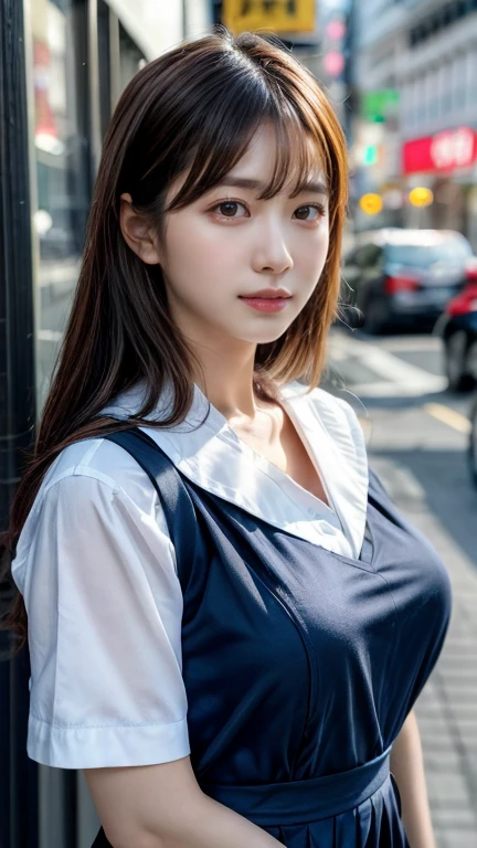 ((highest quality)), ((masterpiece)), (detailed), Perfect Face, smile, amusement park,, Huge breasts spilling out of her shirt, Accentuate larger breasts, Japan teenager, タイトな白いボタンダウンのBusiness shirts, Remove all buttons, Unbutton all the buttons on your shirt and open your chest wide, Deep cleavage、Wavy long hair, Navy blue tight skirt, Exposing large, protruding breasts, Pointed upper part of chest, Angle from the side,Business shirts, Upturned chest, Distinguish the shape of the left and right breasts clearly, The underboob is clearly visible, Look at me and smile, Baby Face