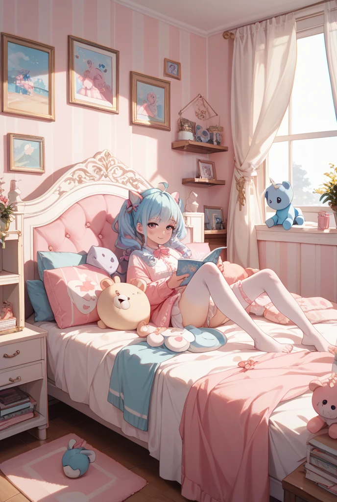 cat ear、white stockings、No shoes on、inside in room、sitting on his knees on the bed,Powder-blue heteropupil,Light pink ta,Feet to the camera,Stretch your legs,Huge