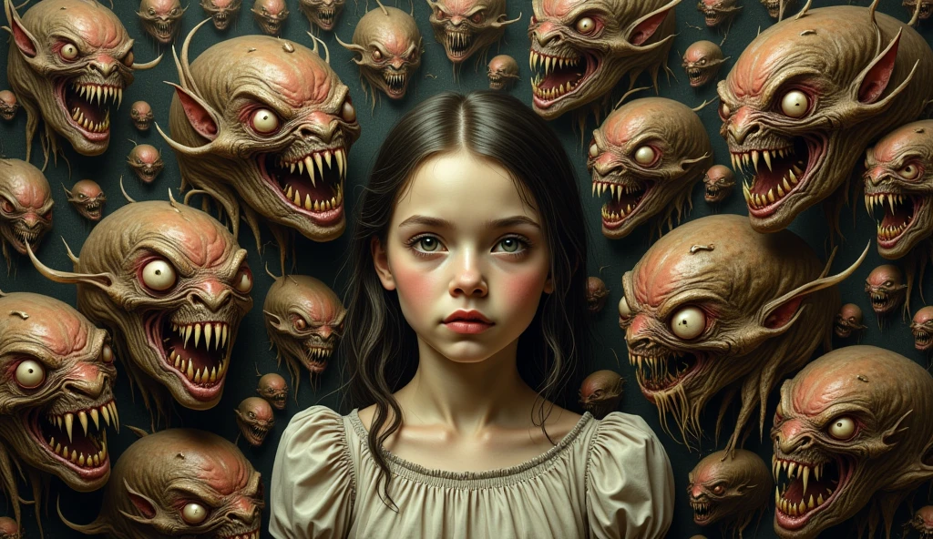 An intricate mixed media artwork depicting a surreal scene of a young girl surrounded by a swarm of malevolent, anthropomorphic creatures, each with distorted features and sharp teeth, portraying the unsettling blend of innocence and horror.