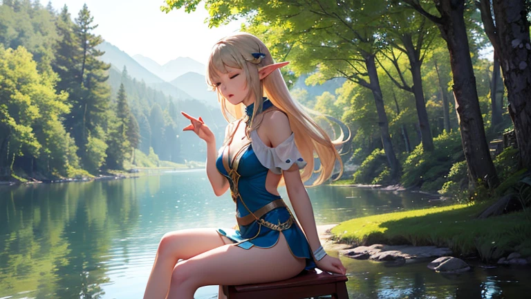 A graceful elf girl stands in a meadow, her delicate features illuminated by the soft light of the setting sun. Her long, flowing hair cascades down her back, adorned with intricate braids and adorned with sparkling jewels. This stunning painting captures the ethereal beauty of elves. Her slender figure in a silk dress sways in the soft meadow breeze. The artist's attention to detail is evident in the intricate patterns of her dress and the subtle highlights of her luminescence. skin. This breathtaking depiction of an elf girl exudes a sense of enchantment and transports the viewer to a magical world. The beautiful elf magician is awe-inspiring as she holds a magician's staff, uses fireball magic, and is about to defeat the Demon King with explosion magic., If you pull up your skirt, you can see your see-through panties and it will be embarrassing., (A superb exquisite Asuna Yuuki),(Asuna Yuuki:1.5), long hair, brown hair, streaked hair, brown eyes, star-shaped pupils, straight bangs, solo, nature, extremely delicate, straight facial features, peerless beautiful girl, soft, (sensual face), ((ecchi face)), dreamy quality, exaggerated facial features, solid color, frank holly, delicate face, bright lips, slender waist, soft curves, real light and shadow, super fine, 4k, natural moving, Ultra high resolution, (masterpiece:1.2, best quality), (finely detailed beautiful eyes: 1.2), (beautiful detailed face), detailed anime artwork, clean detailed anime art, detailed digital anime art, detailed anime art, beautiful anime portrait, beautiful anime girl, beautiful anime artwork, beautiful anime art, beautiful anime style, detailed portrait of anime girl, anime girl, beautiful anime, anime illustration,Medium chest, slender body,unparalleled beauty sexy and very beautiful face、Super long silky shiny blonde hair、long swaying bangs、Sexy 15 years old、beautiful cute pearl eyes beautiful girl、Silky skin、Very big blue eyes, see-through brassiere and panties,