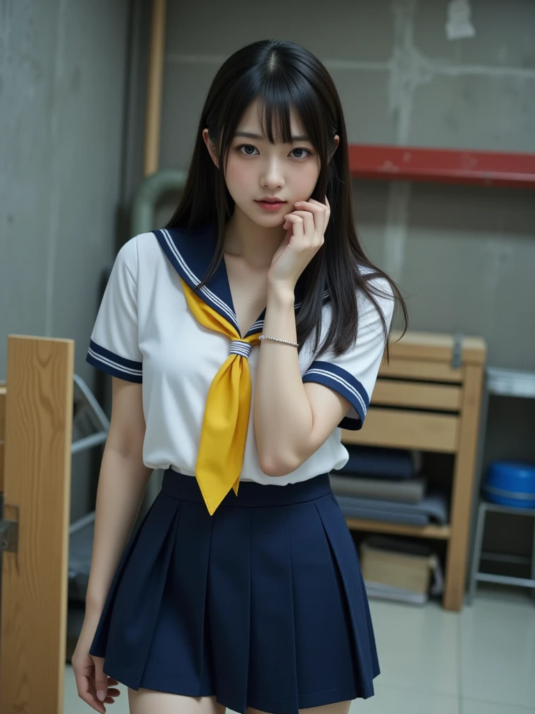 Body eight times longer than head, (High quality CG Unity 8k), (highest quality),(Very detailed),(Ultra-high resolution), Black Hair, Sailor suit, 紺色のSailor suit, Sailor suitを着た女子高生, Dark Blue Skirt, Anime 2D Rendering, Realistic youth , ((White headband)), Small breasts, expensive, Slanted Eyes, (School Scene), Black Stockings, Daytime, Please open your mouth a little, smile, Straight hair, Long Hair, Detailed view of the face, Small face,