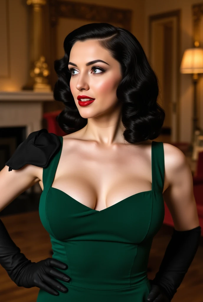 Kimbra in vintage clothing with cleavage and smiling