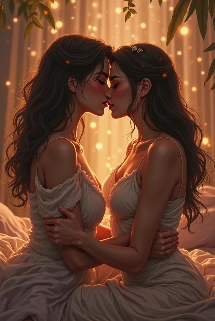 Create a image of a 2 indian girl in a room long black silky hair in highponytail and 2 boy is kissing her neck in a bedroom.