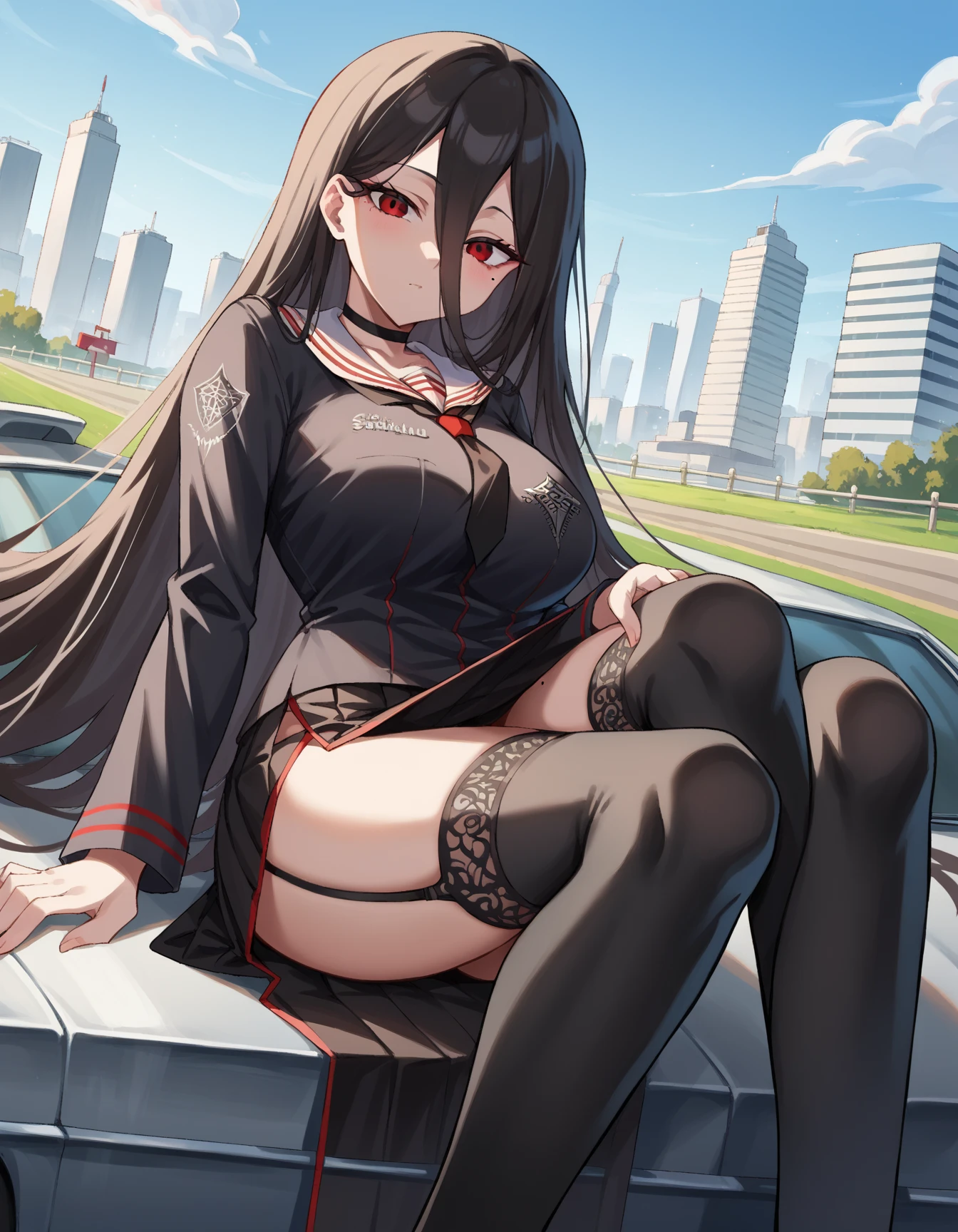 Giantess, big giantess, tall girl, black lingerie, aroused, sitting on car, crushing car, crushed car, crushing, butt crush, looking at viewer,