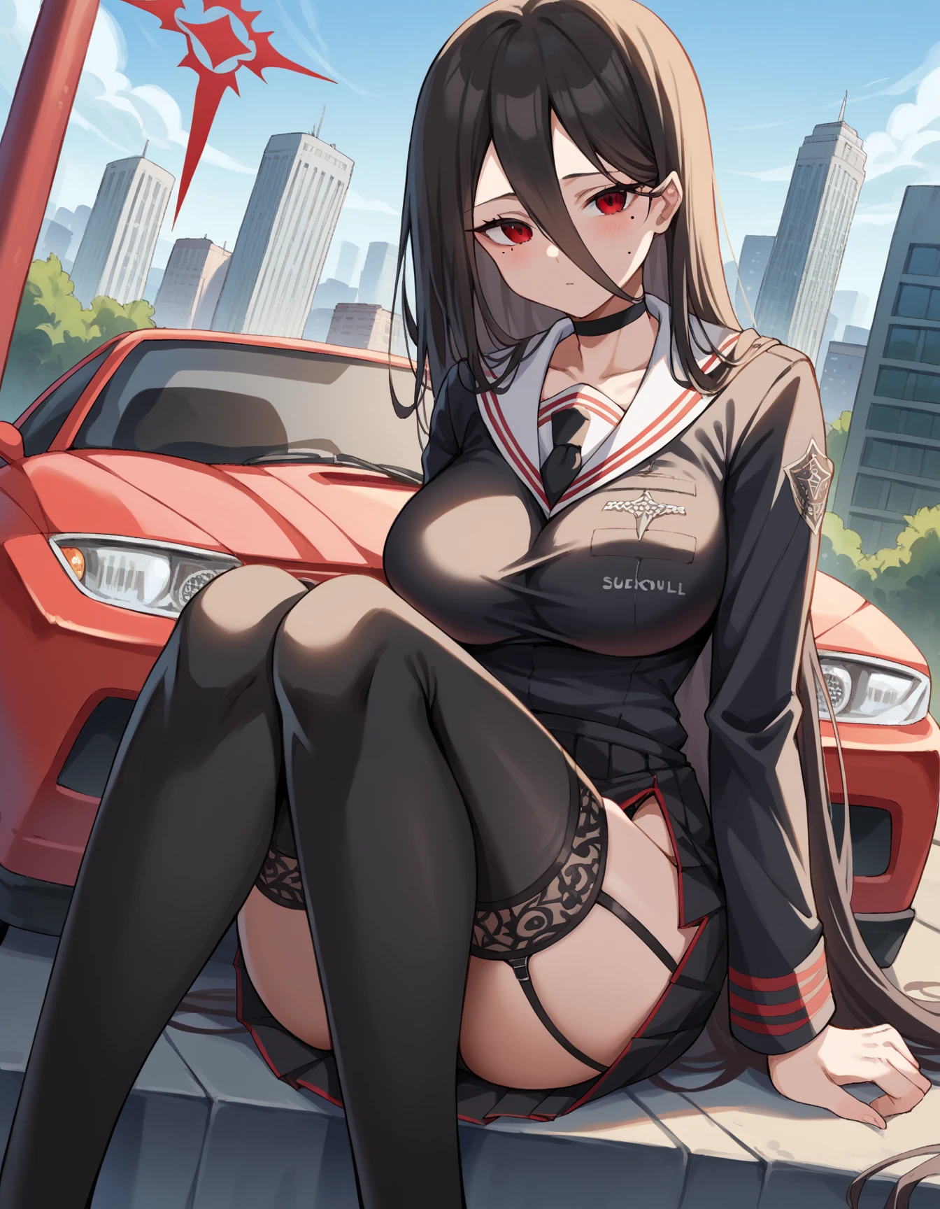 A black pretty black women with a big booty and big tittys bending over wit her leg over head at a gas station with a gas station back ground with a Lamborghini car in the background black and red background