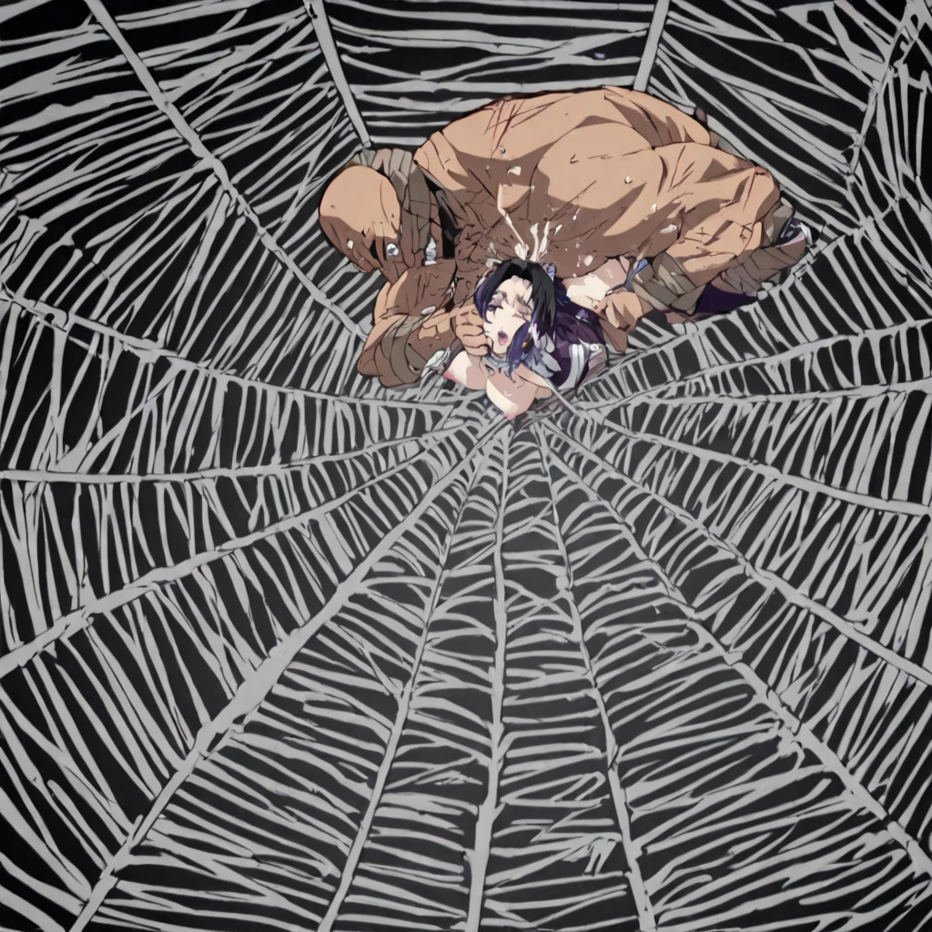 1girl,Spider weaves a net on a girl, very realistic, very detailed,bed,stretched, in the cinema, struggle in the net,brown haired, very long sheer skirt,lying down,(blindfold:1.4),spider web,cocoon