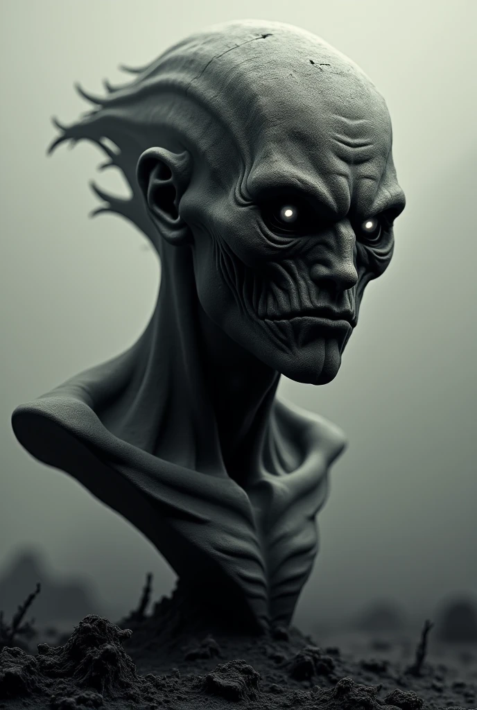 Monster with long arms and legs and a small bust with sharp teeth and large pointed ears, bald with a few strands of hair. Red eyes and deformed face