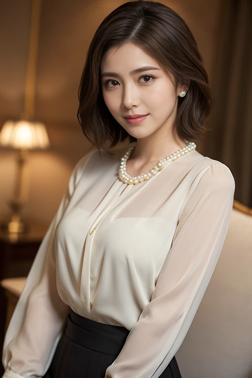 ((masterpiece)), ((Highest quality)), ((Complex)), ((Surreal)), (Realistic), (Mature Woman), ((No classes)), Very detailed, (1 female), Beautiful and exquisite, (Beautiful Teeth), Grin, Brunette bob hair, Brown eyes, ((blouse)), (Upper Body), (background:none), Perfect Eyes, Captivating eyes, Looking at the audience