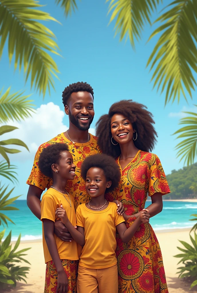 A Somali man sitting on a beach with his wife and kids playing on the sea