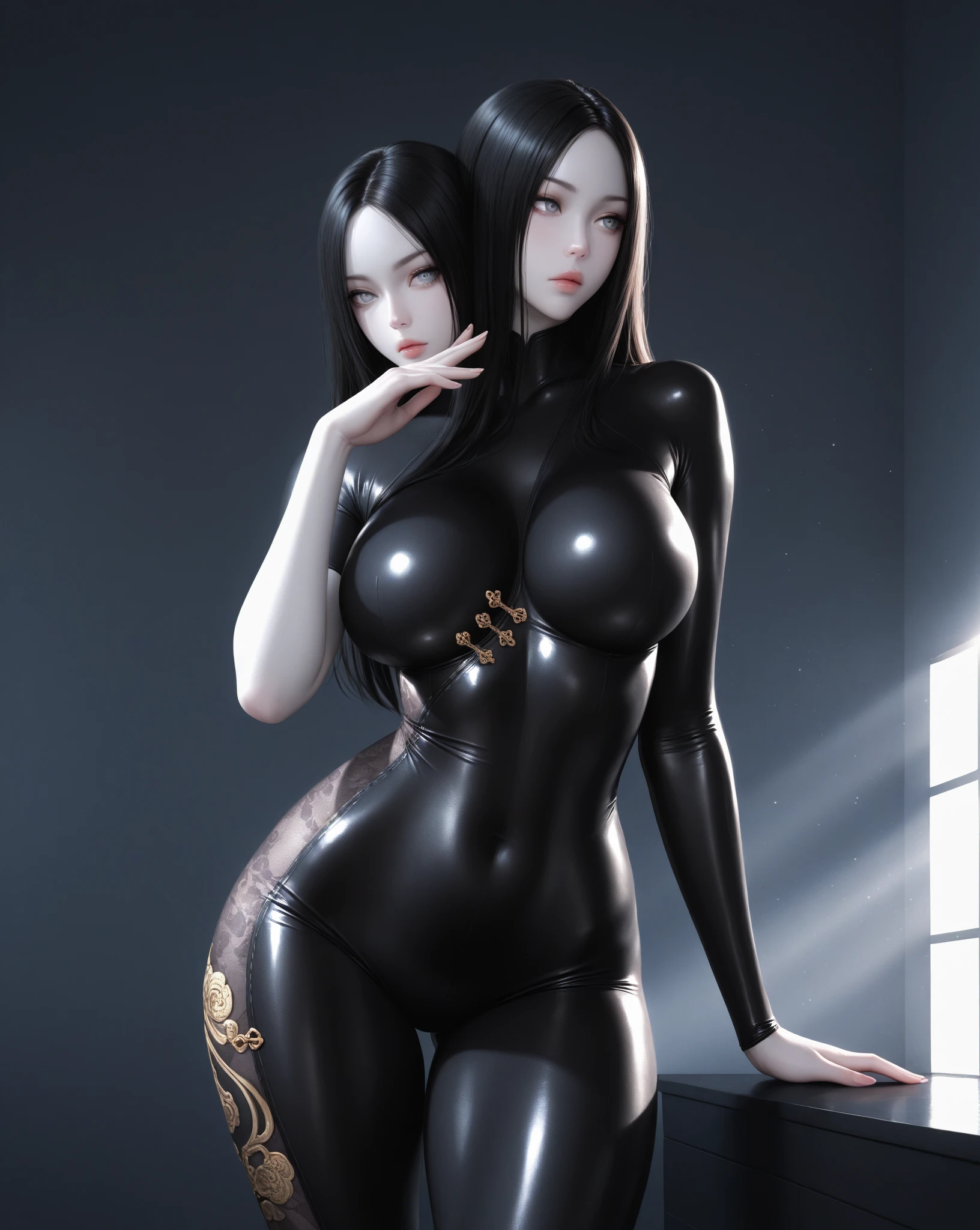 Two women in latex suits pose for photos together, inspired by Wang Duo, trending on cgstation, full-body xianxia, wlop glossy skin, 3 D rendering character art 8 K, 8K high quality detailed art, IG model | Art germ, trending at cgstation, Deviantart ArtStation CGSCOSIETY, Realistic anime 3 D style